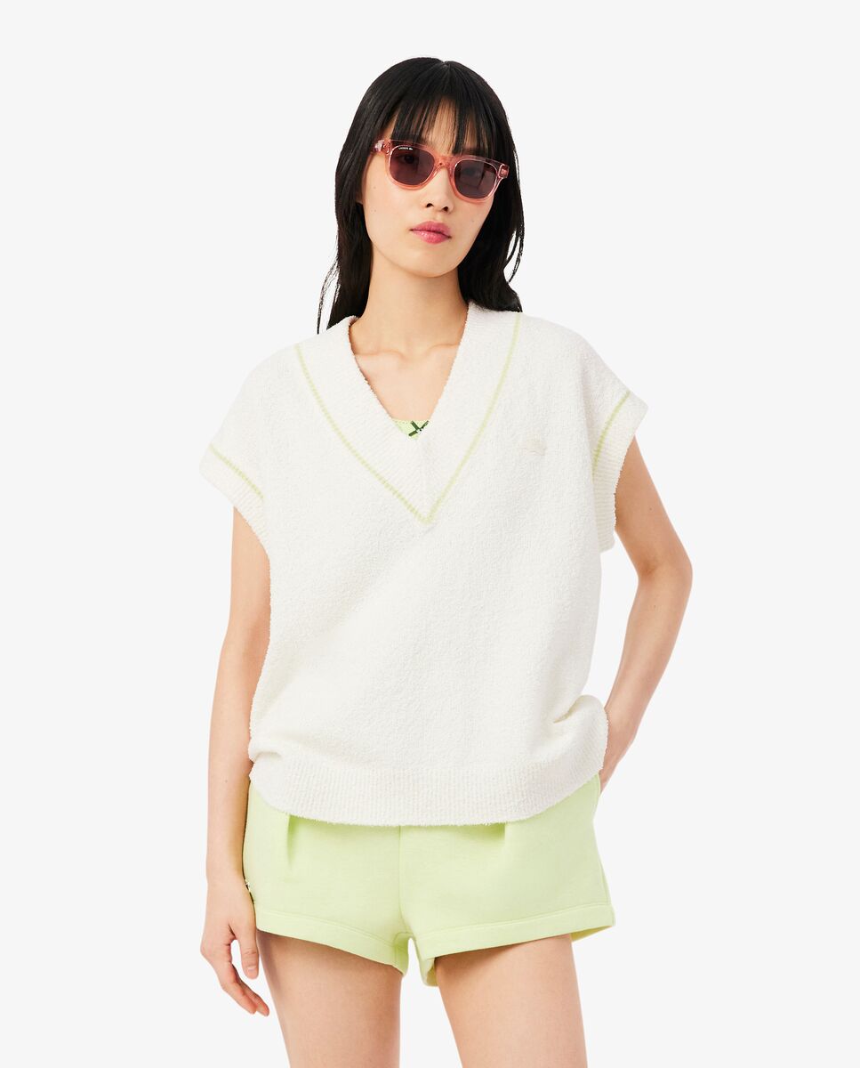 Jersey de mujer de punto cuello de pico de mezcla de algodón en blanco de manga corta - Lacoste - Blanco Blanco-1