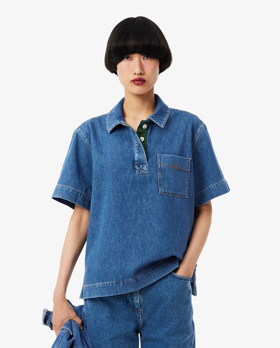 Camisa de mujer estilo oversized de tejido denim ligero de manga corta - Lacoste - Azul claro Azul claro-1