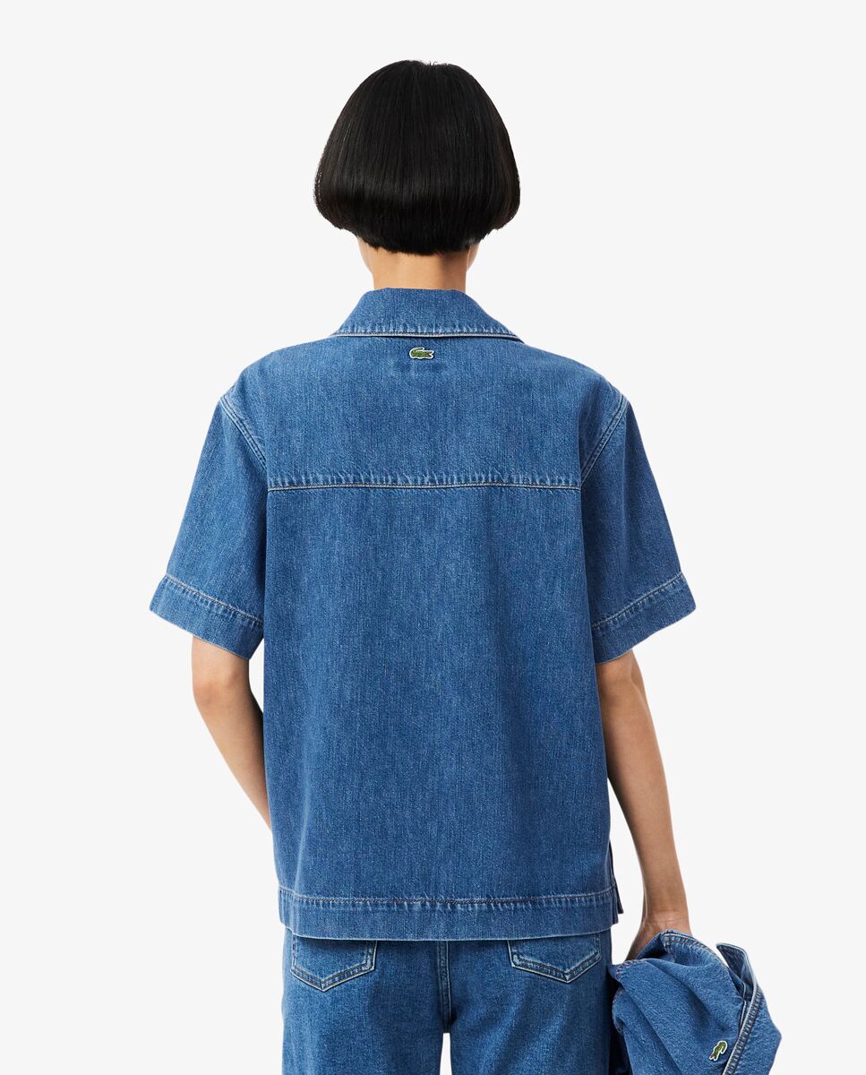 Camisa de mujer estilo oversized de tejido denim ligero de manga corta - Lacoste - Azul claro Azul claro-3