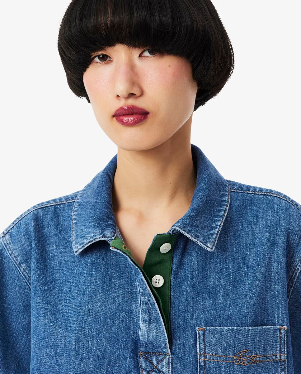 Camisa de mujer estilo oversized de tejido denim ligero de manga corta - Lacoste - Azul claro Azul claro-4