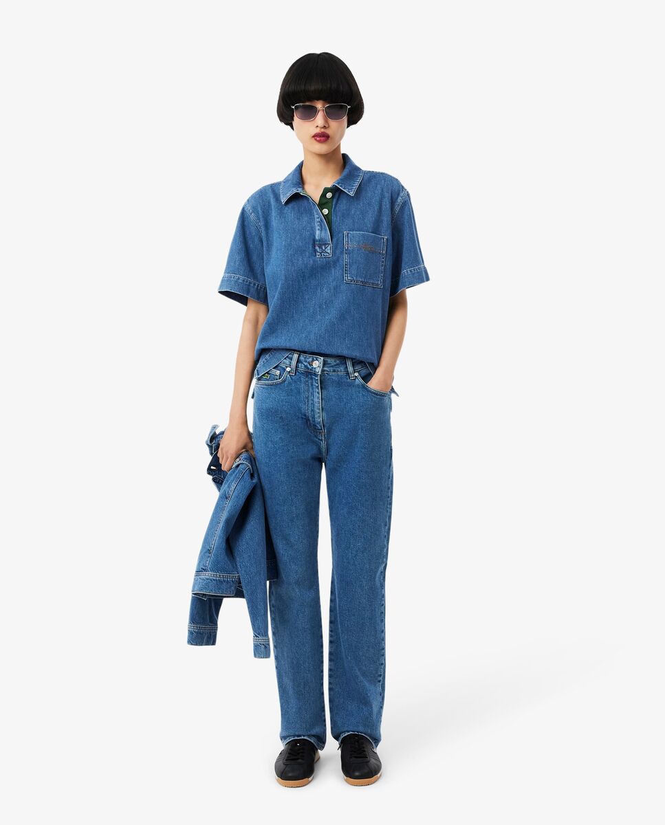 Camisa de mujer estilo oversized de tejido denim ligero de manga corta - Lacoste - Azul claro Azul claro-5