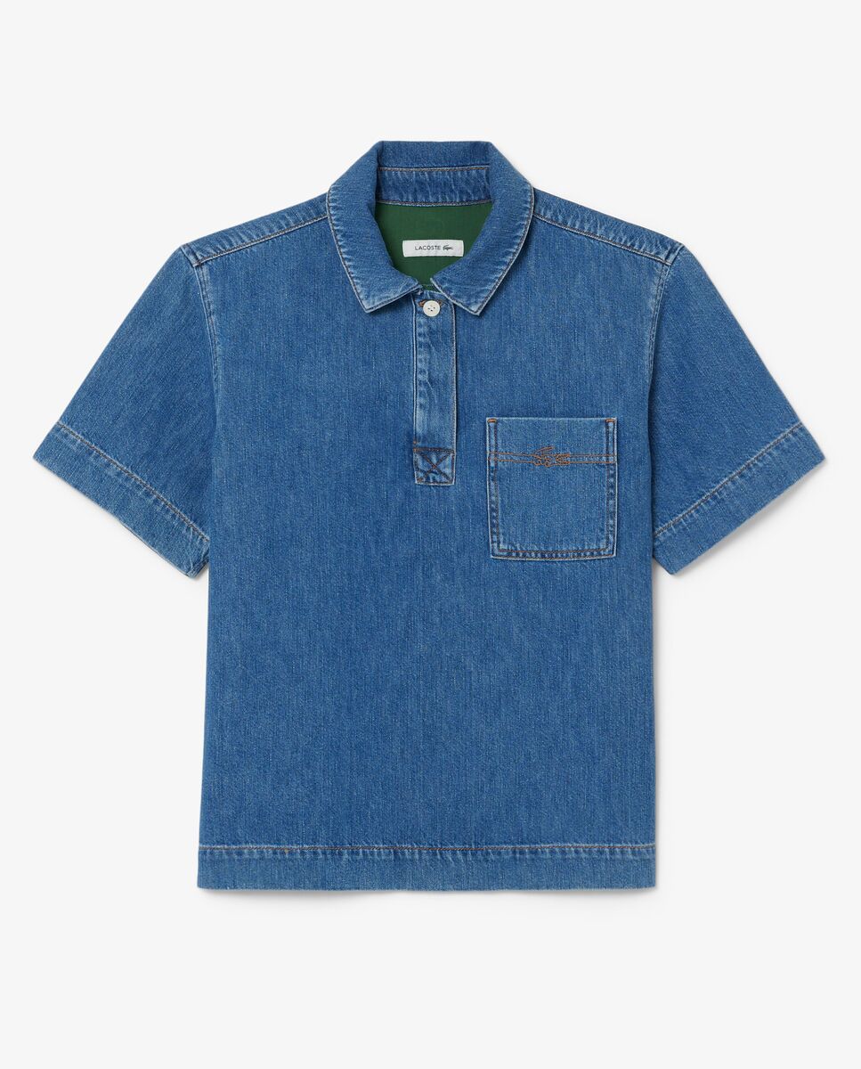Camisa de mujer estilo oversized de tejido denim ligero de manga corta - Lacoste - Azul claro Azul claro-6