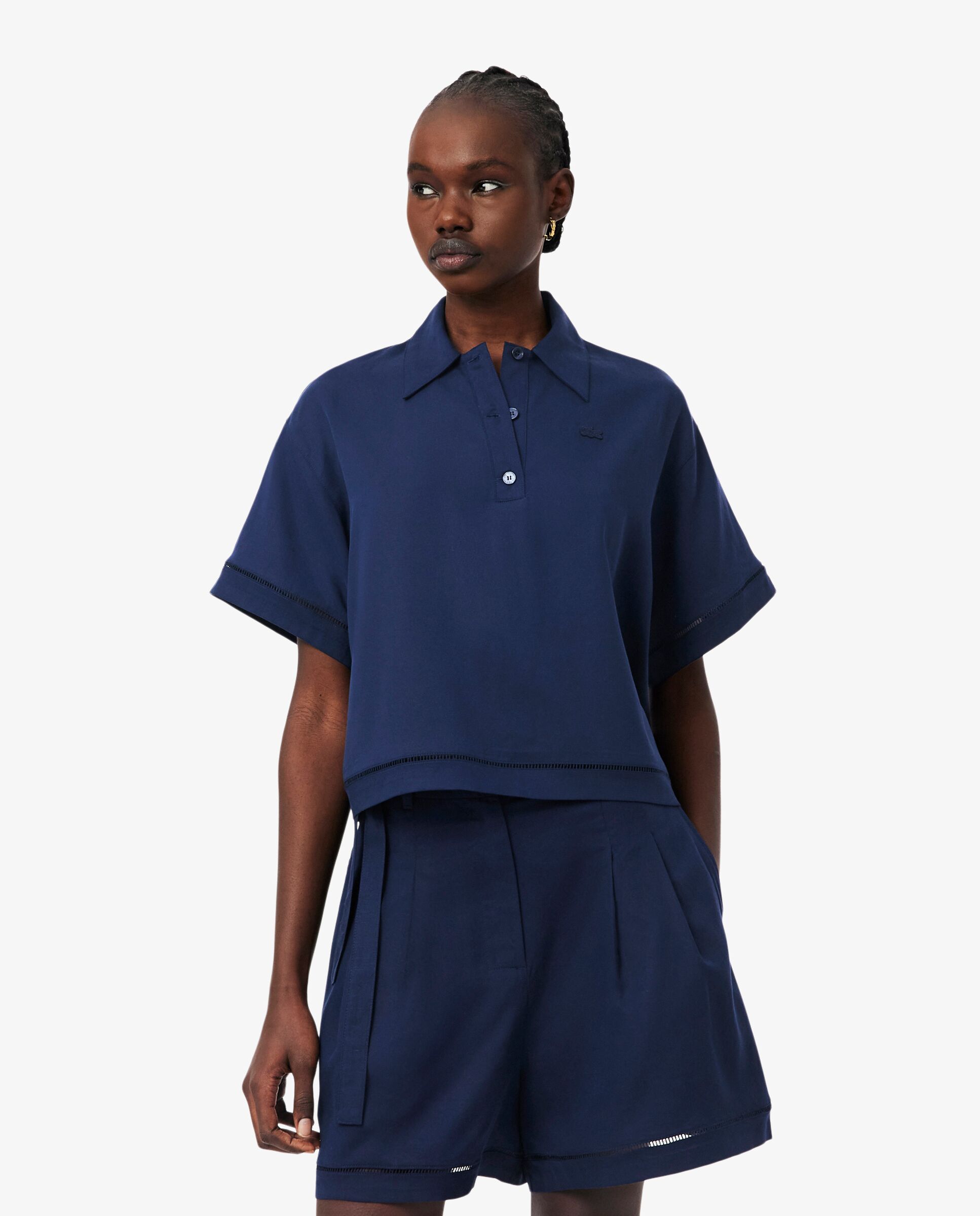Imagen 1 de Camisa de mujer oversized de sarga vaporosa en blanco de manga corta - Lacoste - Azul marino Azul marino