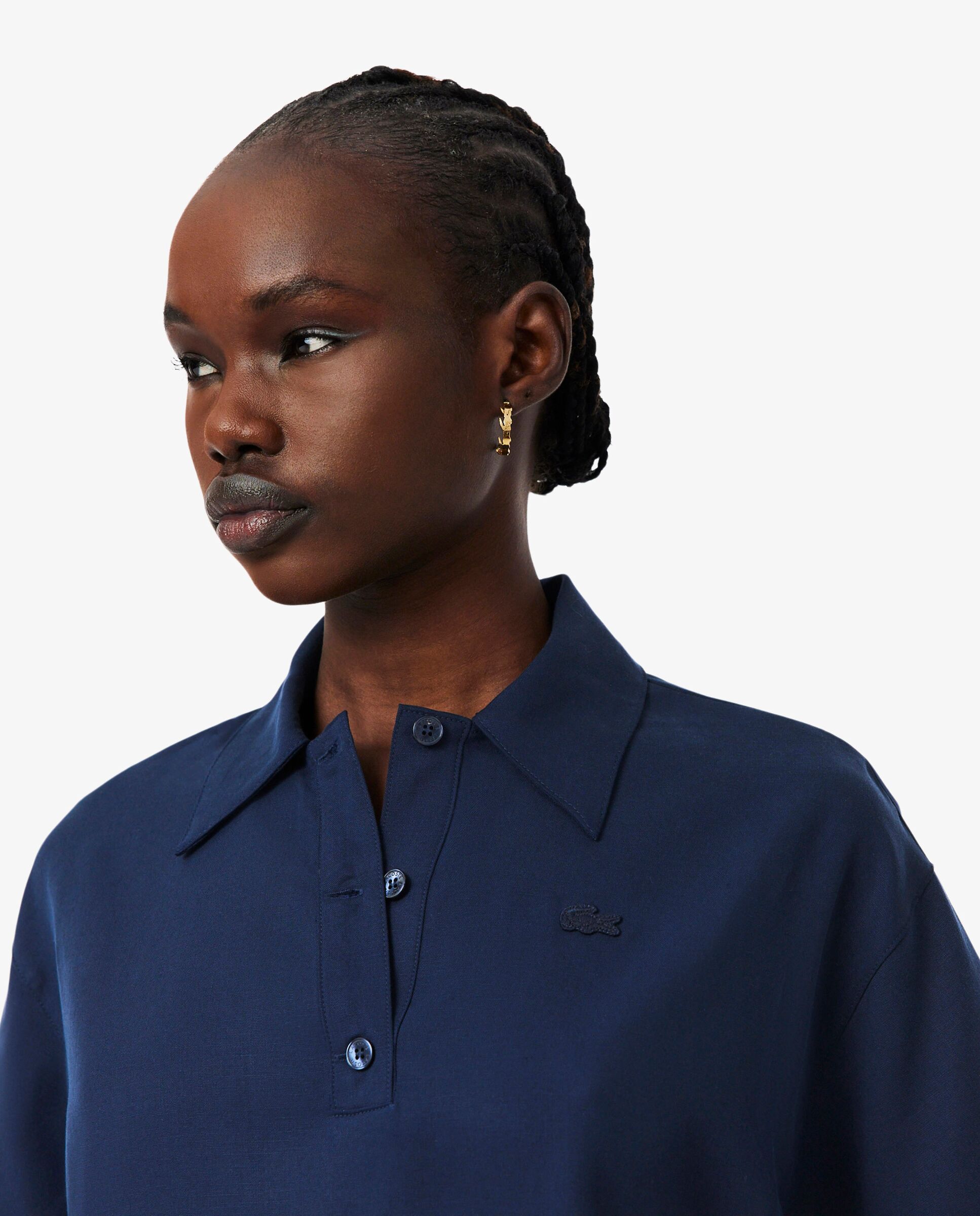 Imagen 3 de Camisa de mujer oversized de sarga vaporosa en blanco de manga corta - Lacoste - Azul marino Azul marino