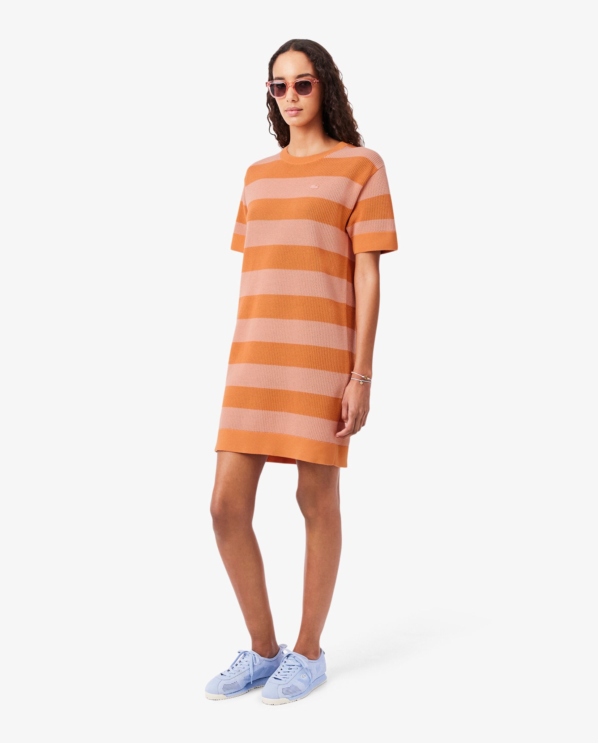 Vestido camisero de punto de malla de rayas en naranja de manga corta - Lacoste - Naranja Naranja-1