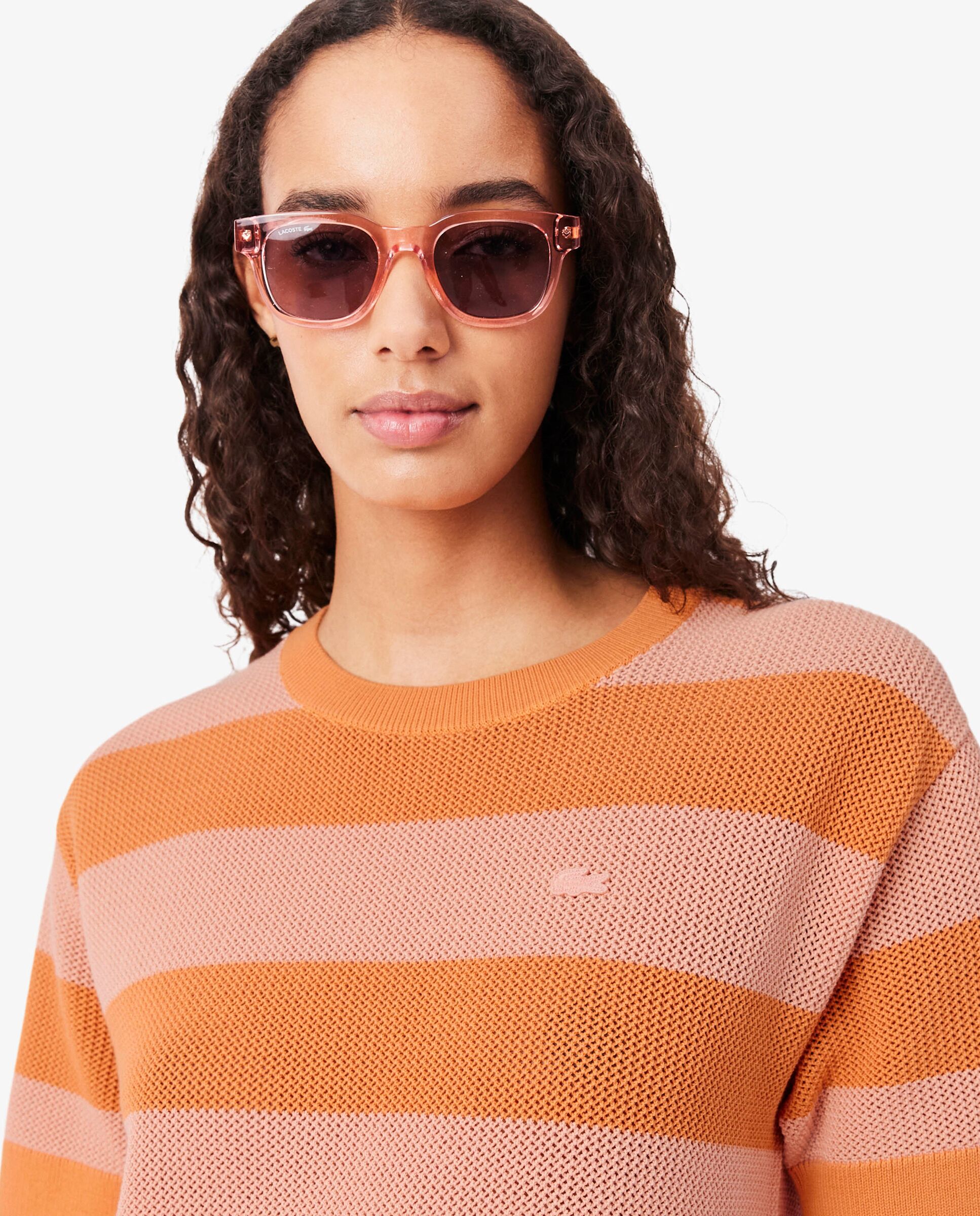 Vestido camisero de punto de malla de rayas en naranja de manga corta - Lacoste - Naranja Naranja-3