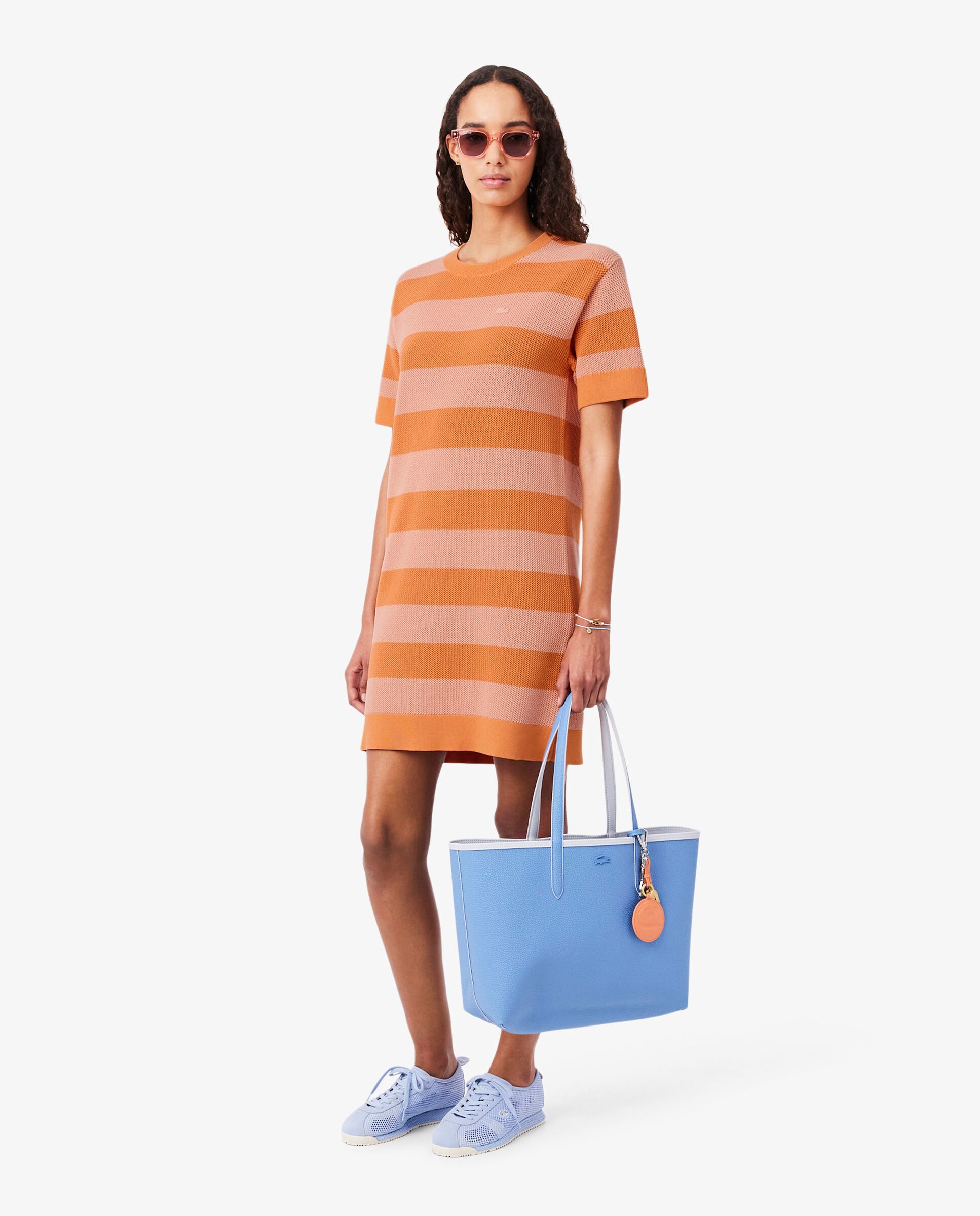 Vestido camisero de punto de malla de rayas en naranja de manga corta - Lacoste - Naranja Naranja-4