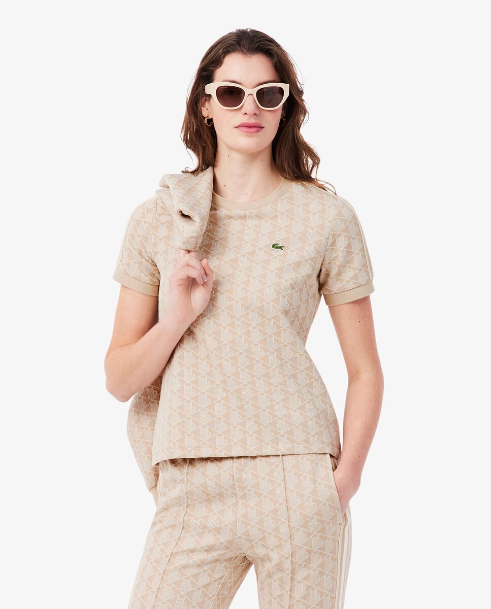 Camiseta de mujer ajustada de jacquard con monograma de manga corta - Lacoste - Beige Beige-2