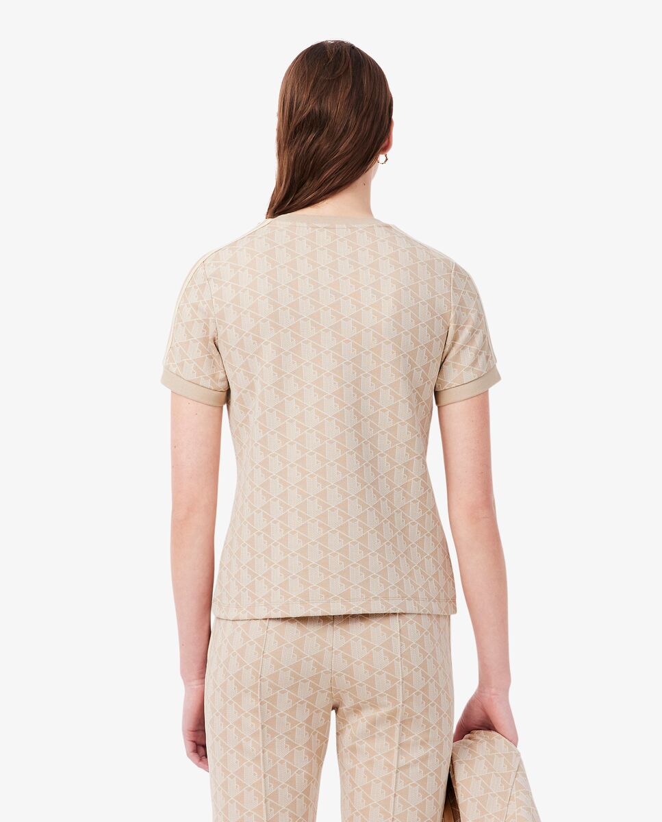 Camiseta de mujer ajustada de jacquard con monograma de manga corta - Lacoste - Beige Beige-3