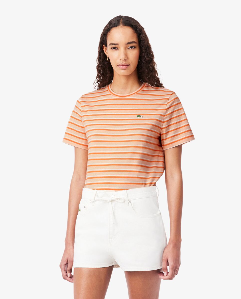Camiseta de mujer de punto de rayas en rose pale / orange / blanc de manga corta - Lacoste - Rosa Rosa-1