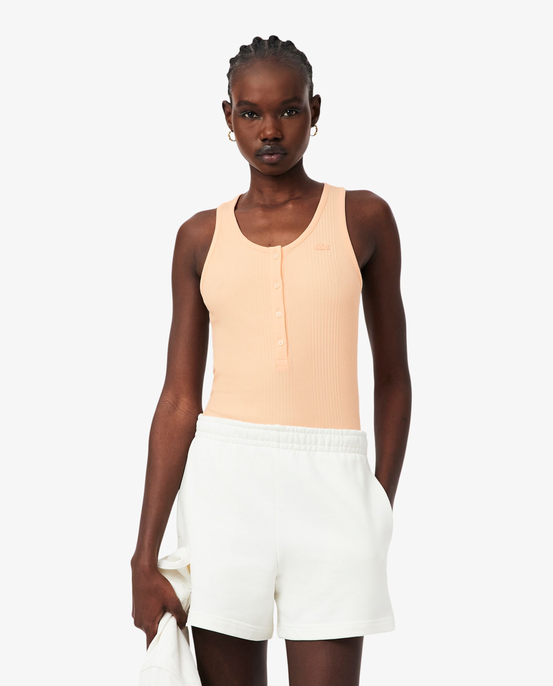 Camiseta de tirantes de corte ajustado de canalé de algodón en azul de manga corta - Lacoste - Rosa Rosa-1