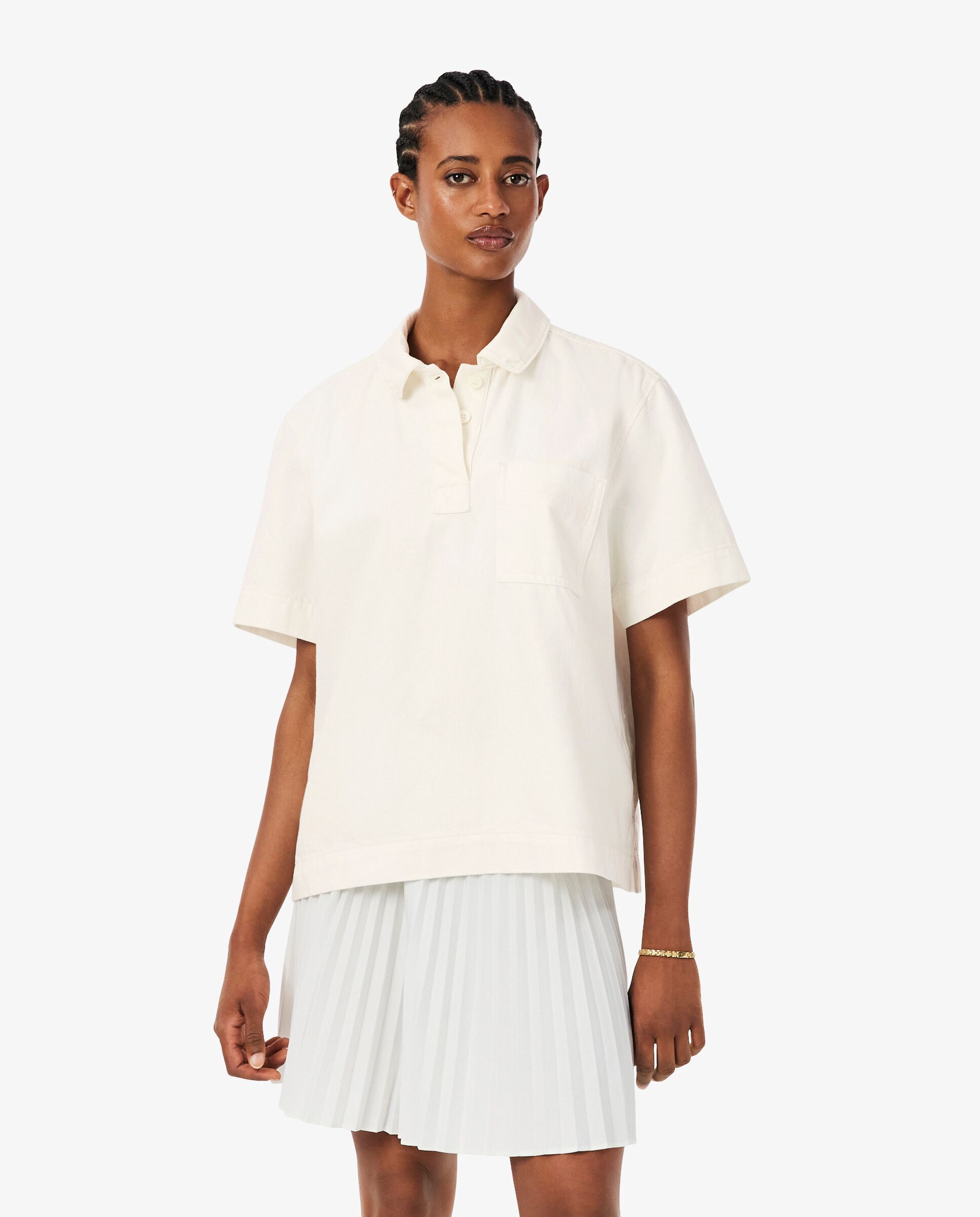 Camisa de mujer estilo oversized de tejido denim ligero de manga corta - Lacoste - Blanco Blanco-1