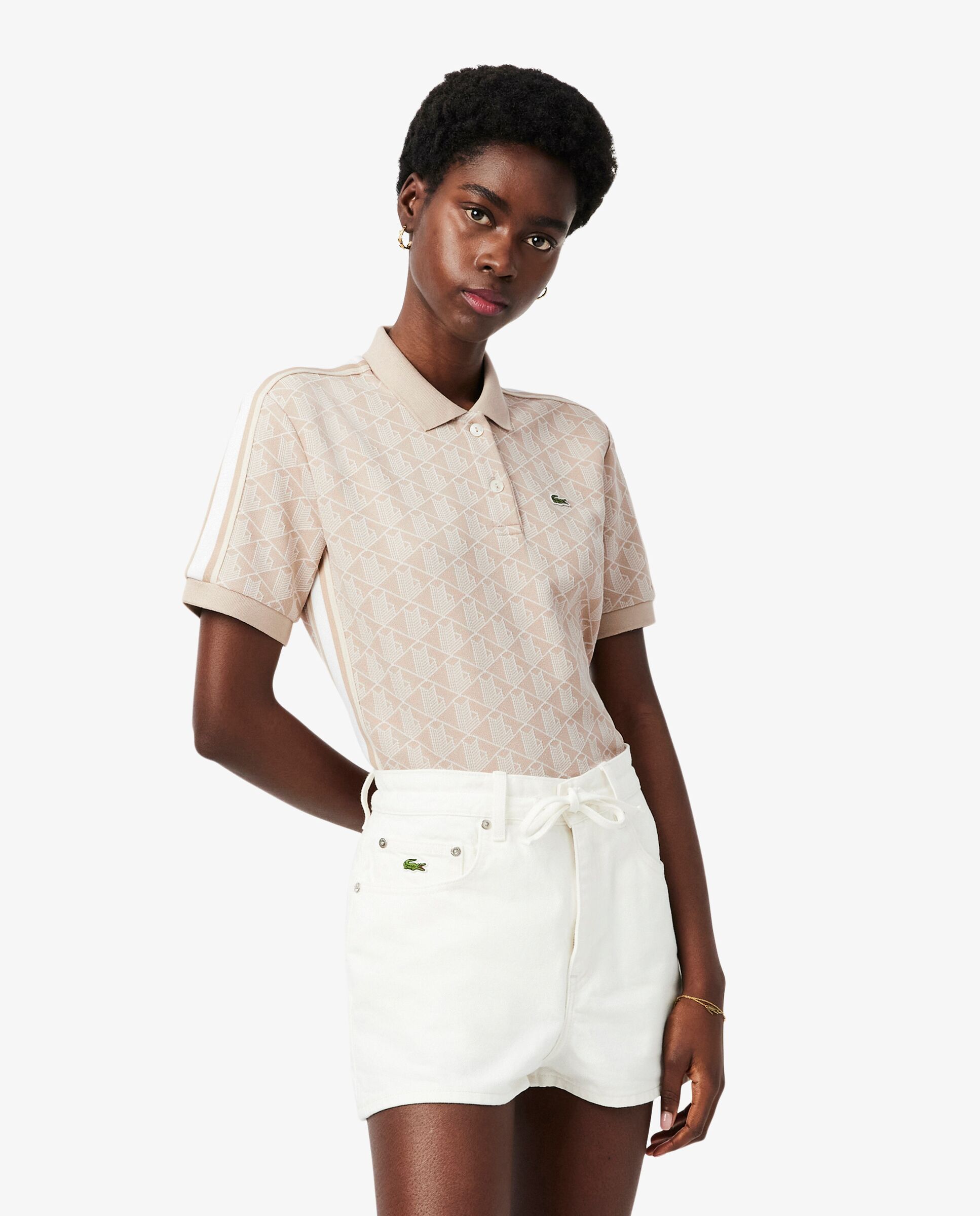 Polo de mujer de corte ajustado de jacquard con monograma de manga corta - Lacoste - Beige Beige-1