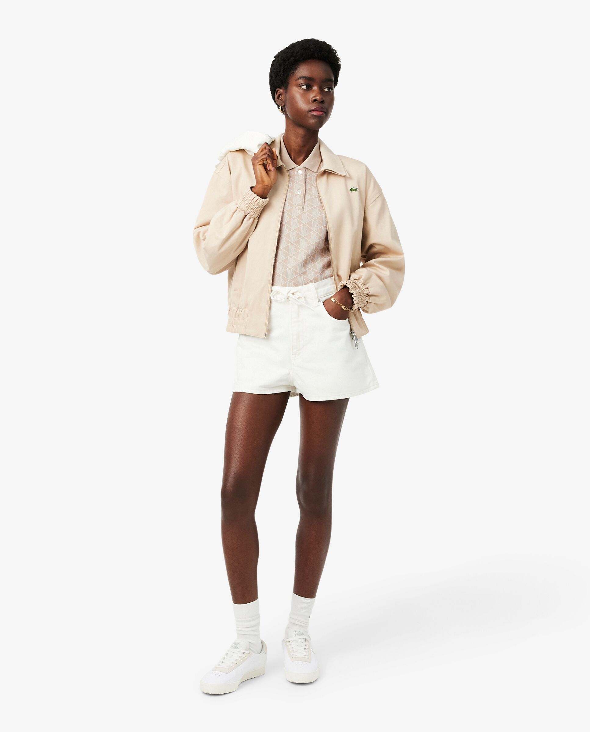 Polo de mujer de corte ajustado de jacquard con monograma de manga corta - Lacoste - Beige Beige-4