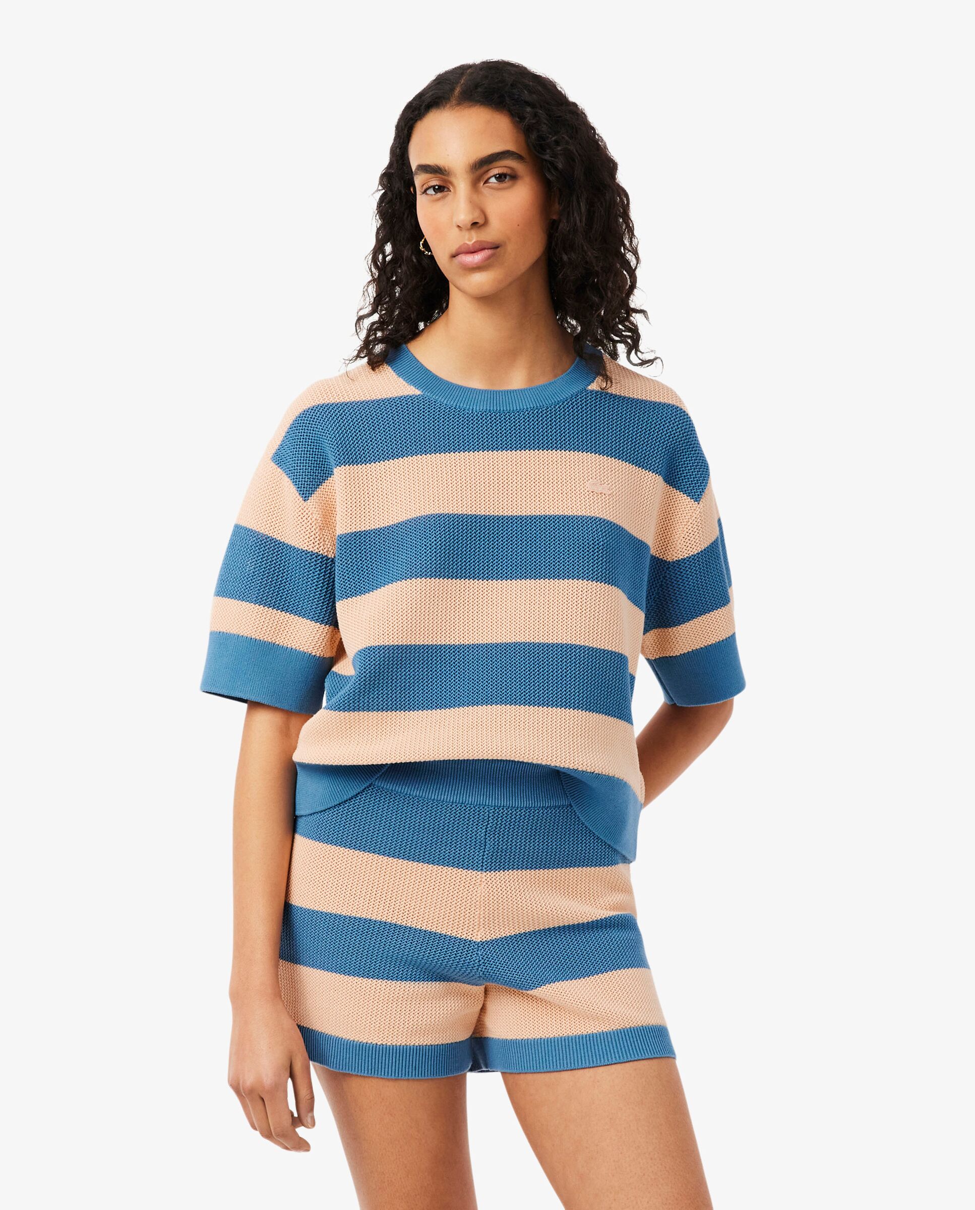Camiseta de mujer de punto de malla con rayas en azul de manga corta - Lacoste - Rosa Rosa-1