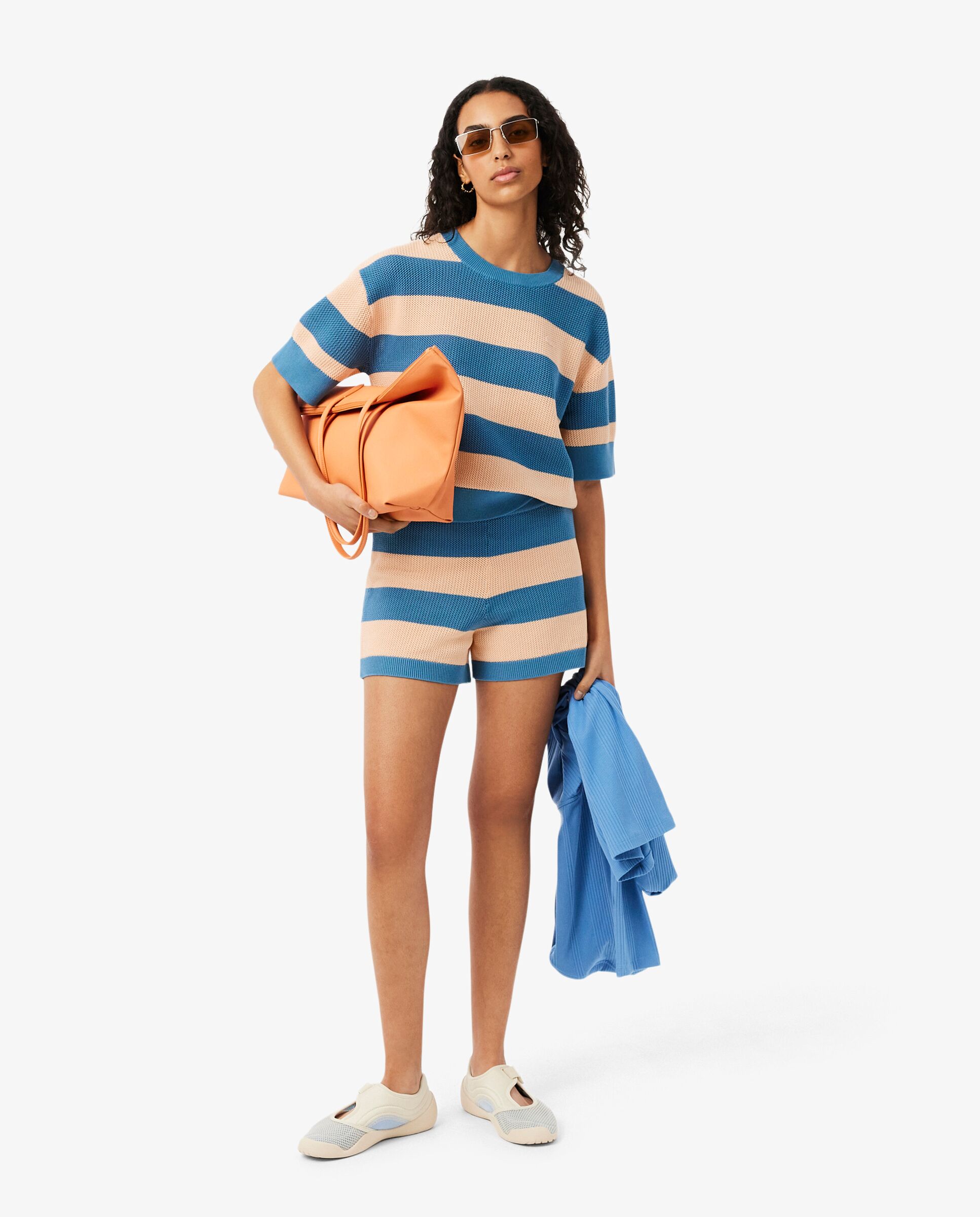 Camiseta de mujer de punto de malla con rayas en azul de manga corta - Lacoste - Rosa Rosa-3