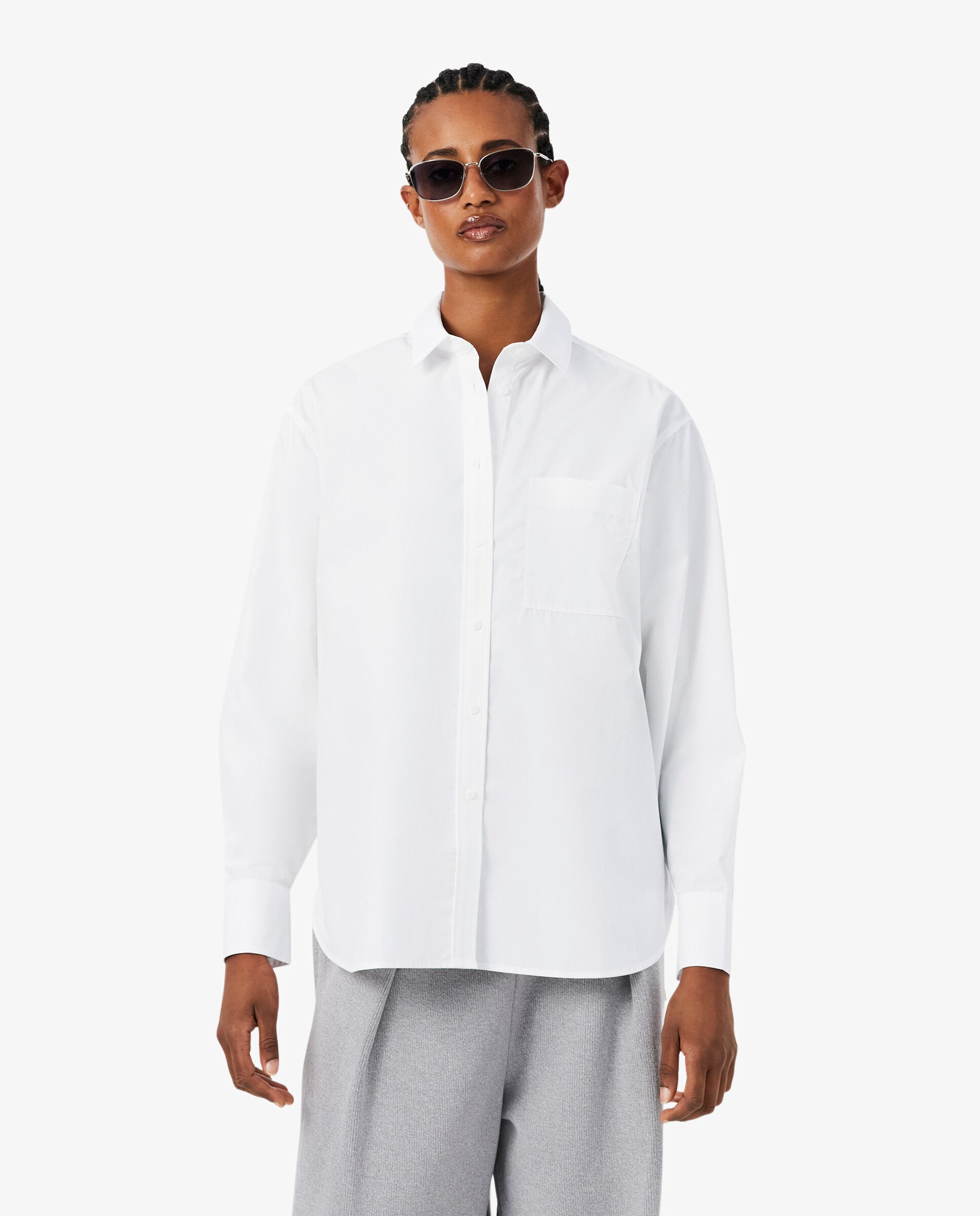 Camisa de mujer oversized de popelín de algodón en marrón de manga larga - Lacoste - Blanco Blanco-1
