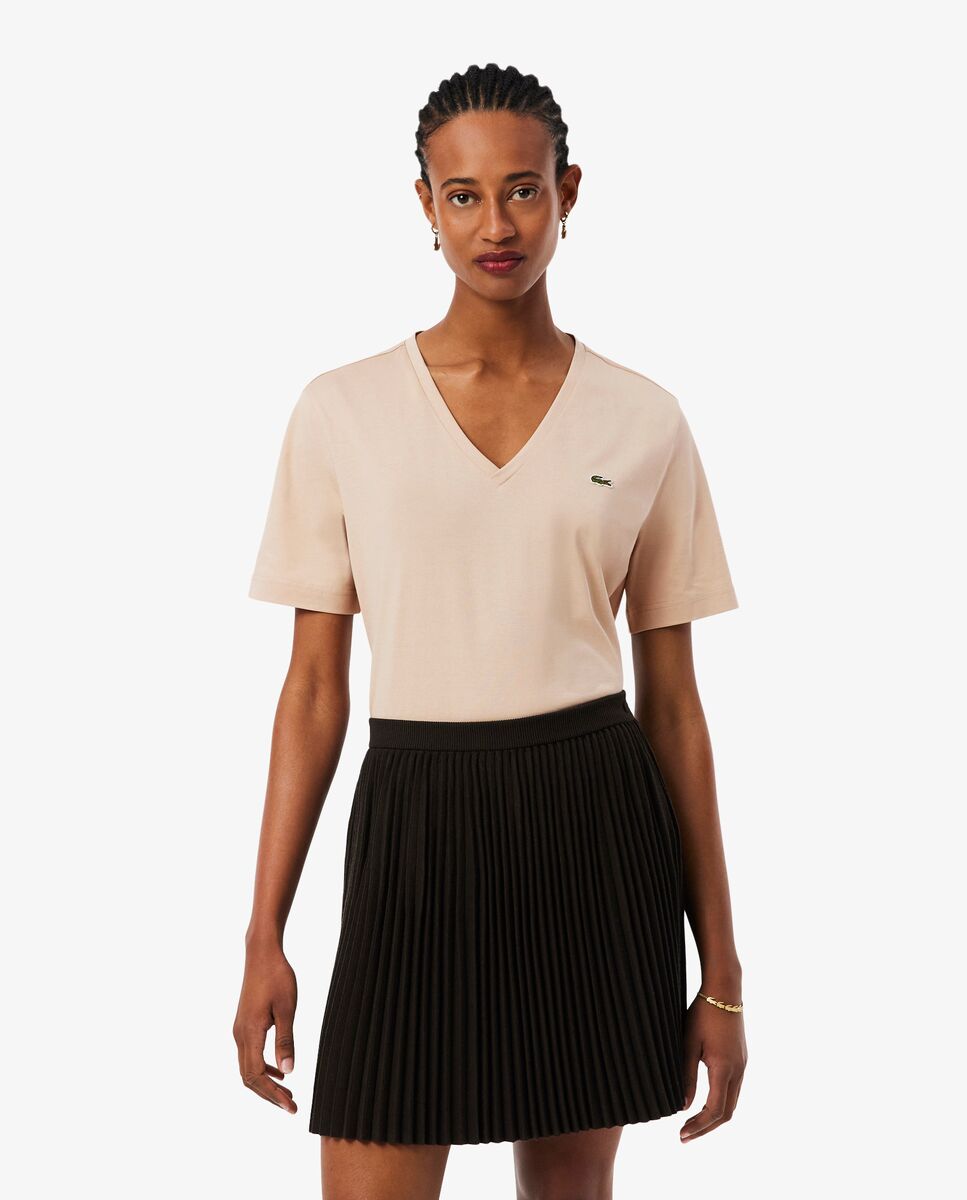 Camiseta de mujer de corte holgado con cuello de pico de algodón suave de manga corta - Lacoste - Beige Beige-2