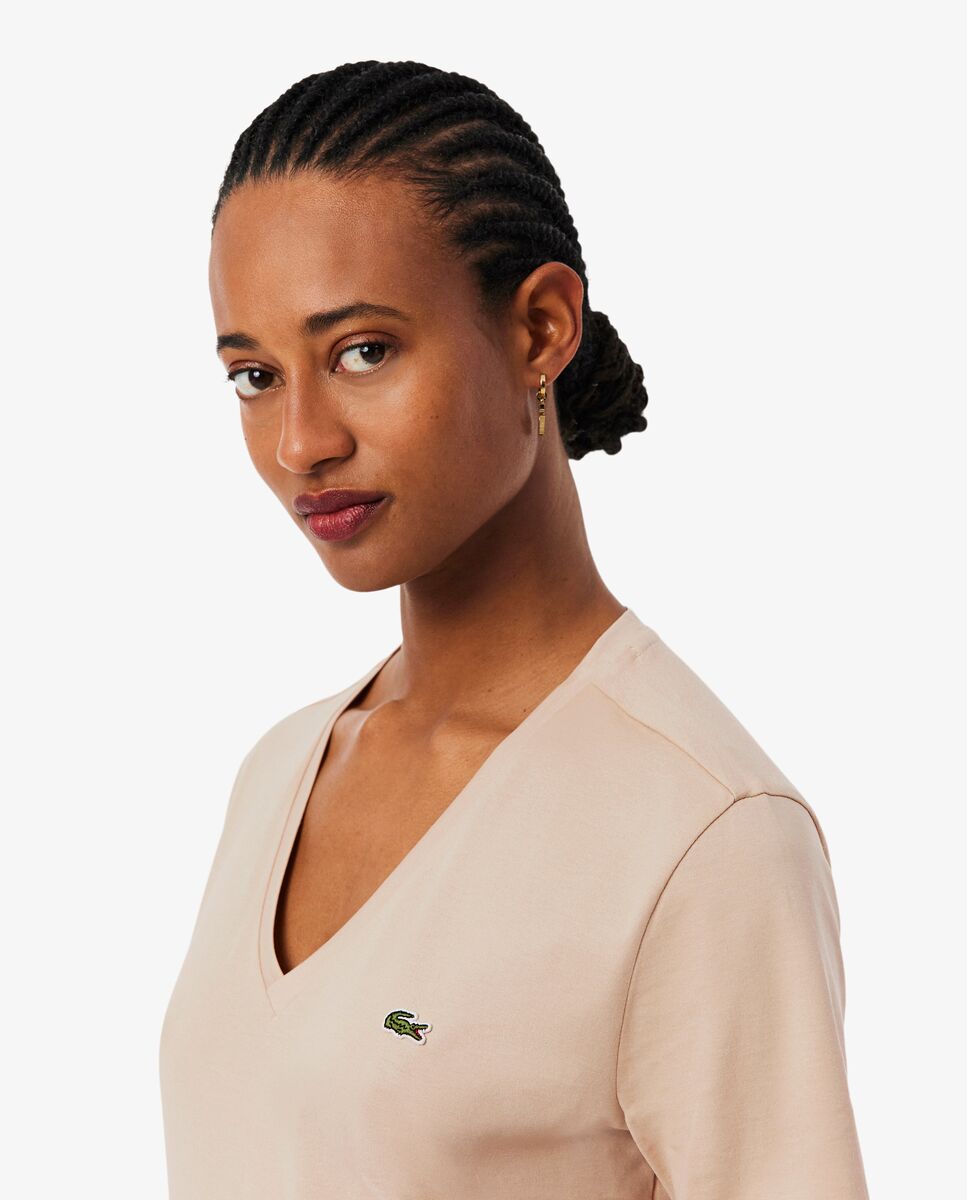 Camiseta de mujer de corte holgado con cuello de pico de algodón suave de manga corta - Lacoste - Beige Beige-4