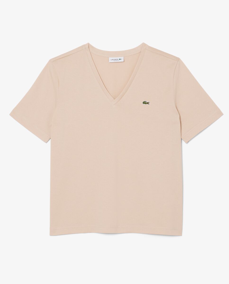 Camiseta de mujer de corte holgado con cuello de pico de algodón suave de manga corta - Lacoste - Beige Beige-6