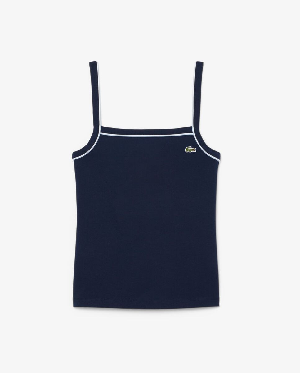 Camiseta de tirantes de algodón con detalles en contraste en bleu marine bleu clair blanc de manga corta - Lacoste - Azul marino Azul marino-5