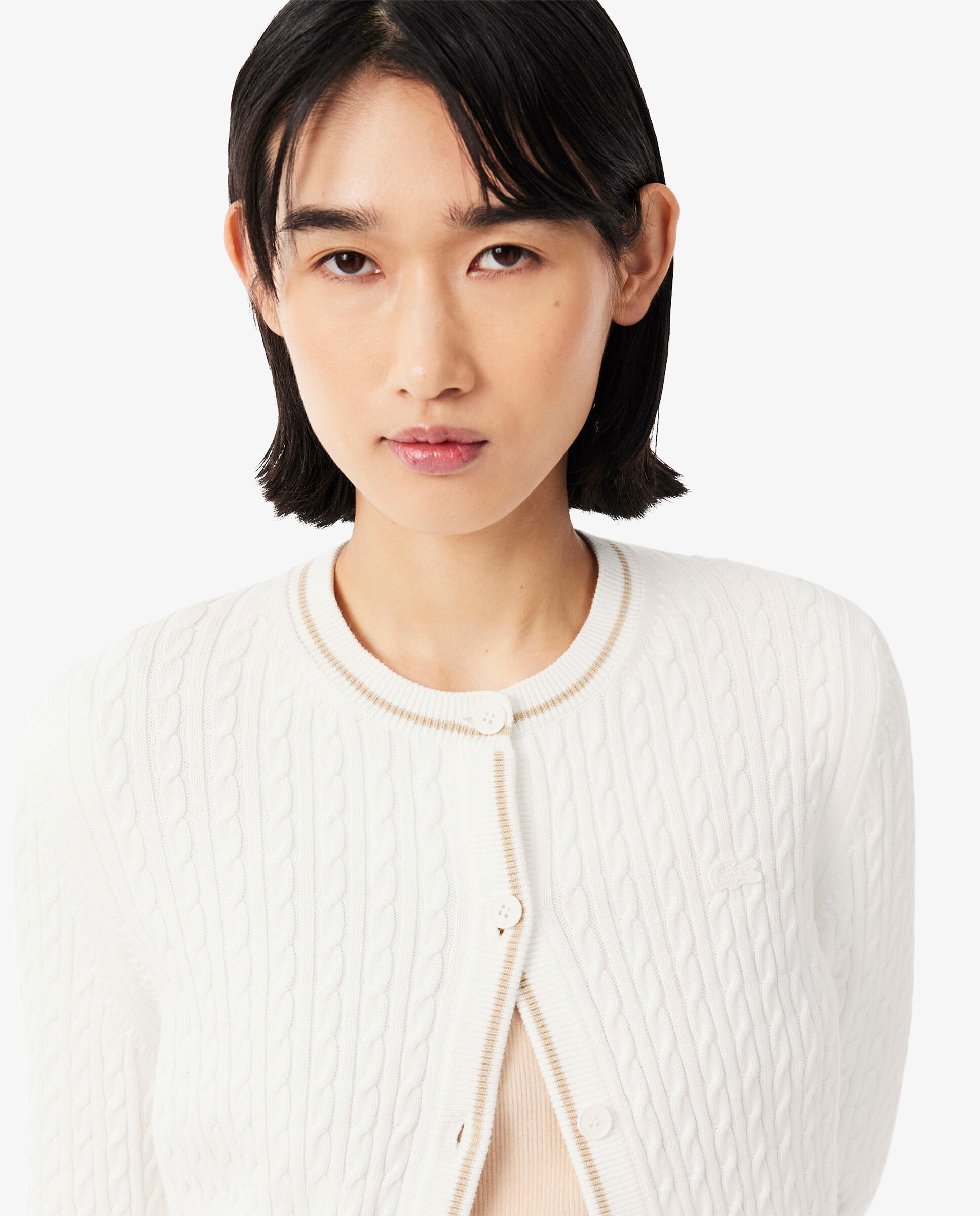 Chaqueta de mujer de punto de rayas con motivo de ochos en verde de manga larga - Lacoste - Blanco Blanco-3