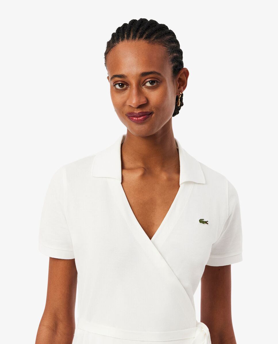 Vestido cruzado de minipiqué elástico de manga corta - Lacoste - Blanco Blanco-4