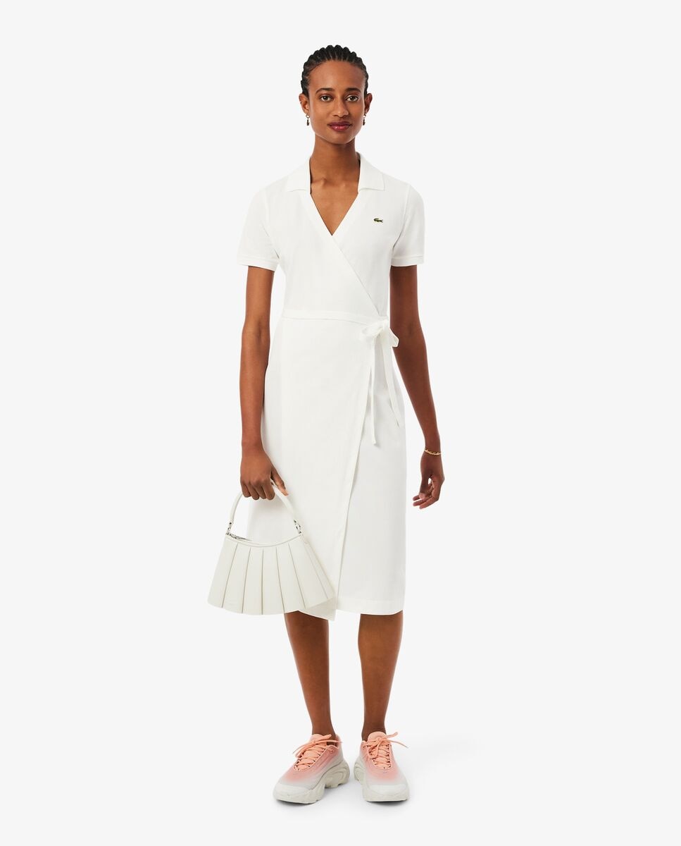 Vestido cruzado de minipiqué elástico de manga corta - Lacoste - Blanco Blanco-5