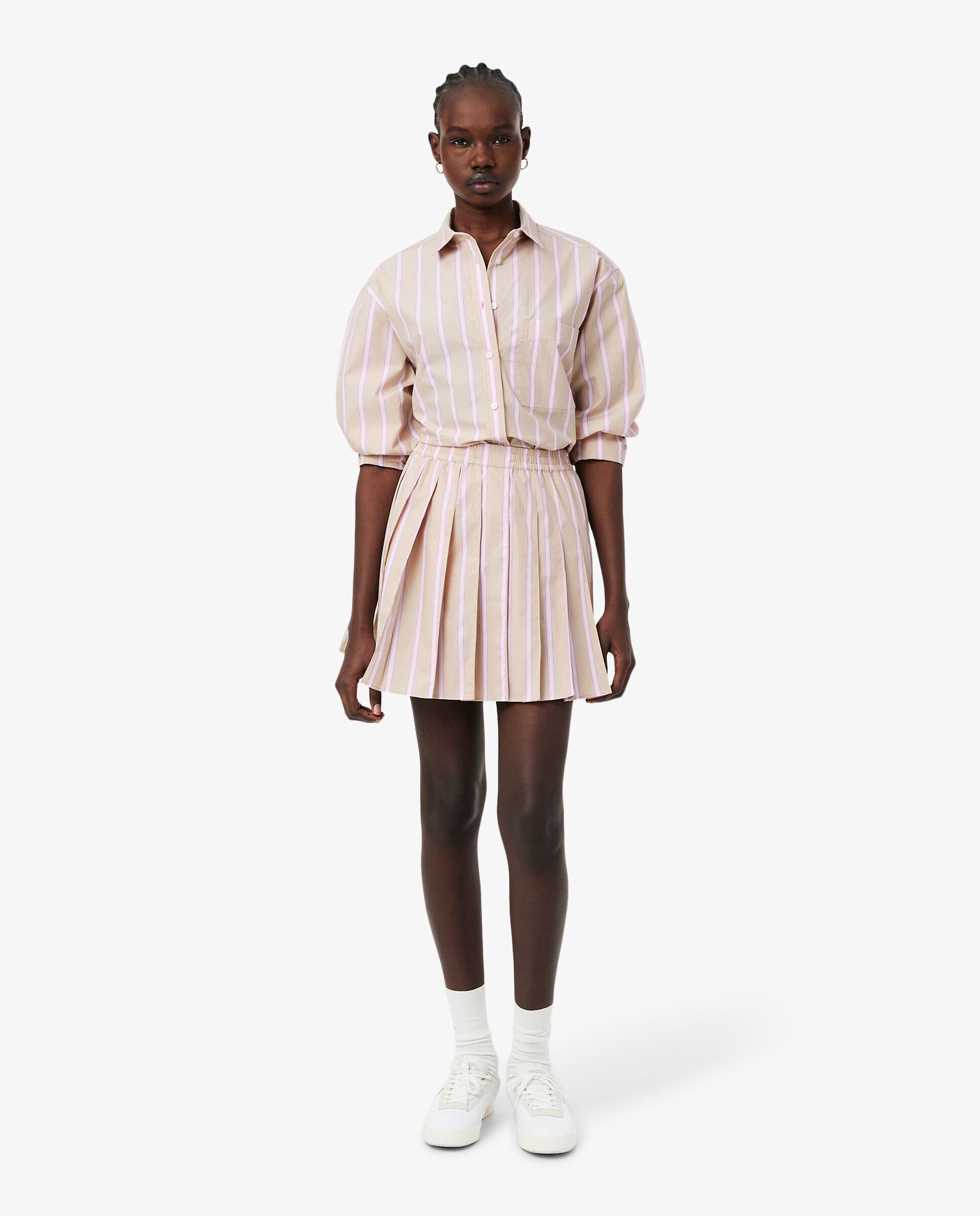 Falda corta plisada de popelín de rayas en marrón - Lacoste - Beige Beige-1