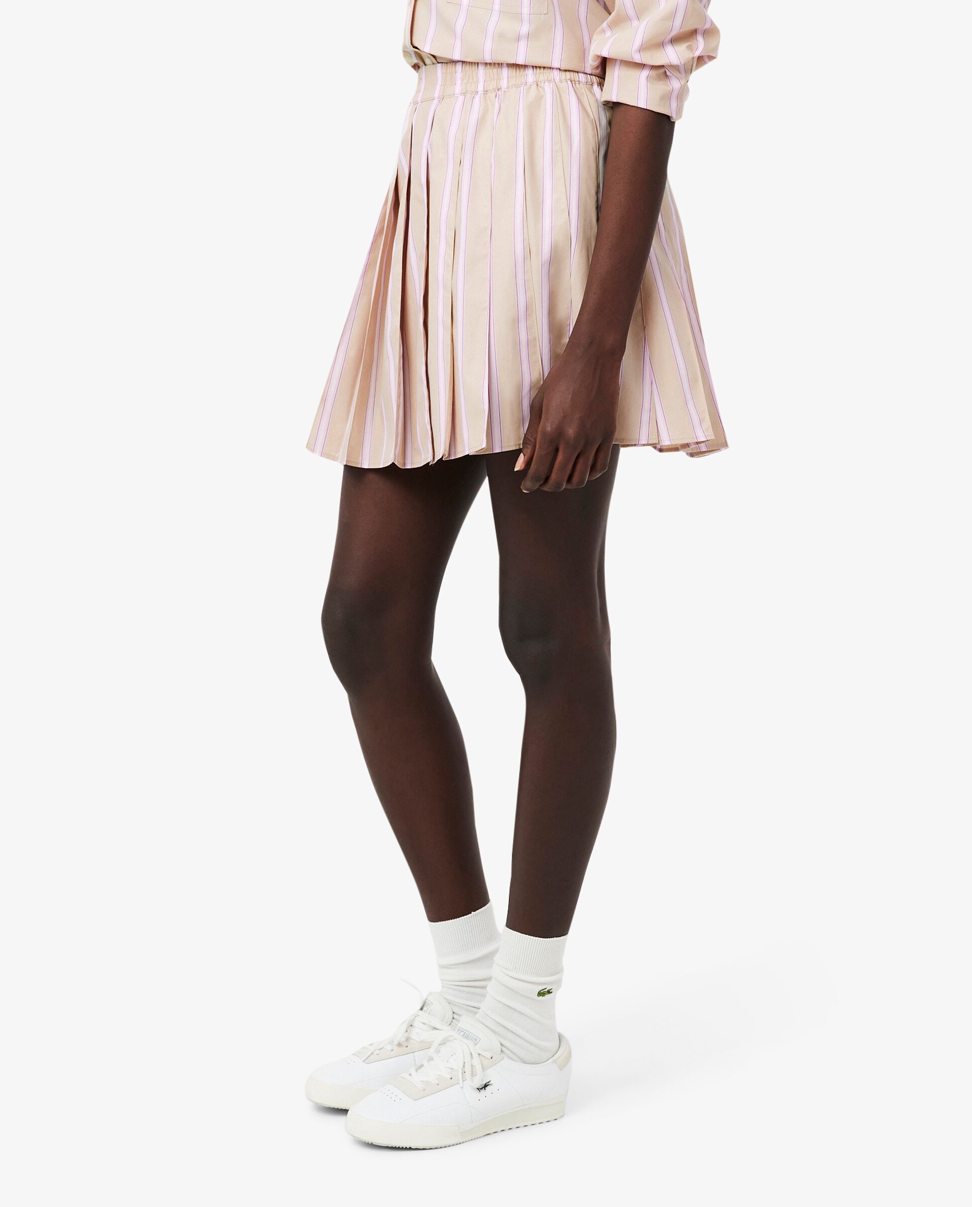 Falda corta plisada de popelín de rayas en marrón - Lacoste - Beige Beige-3
