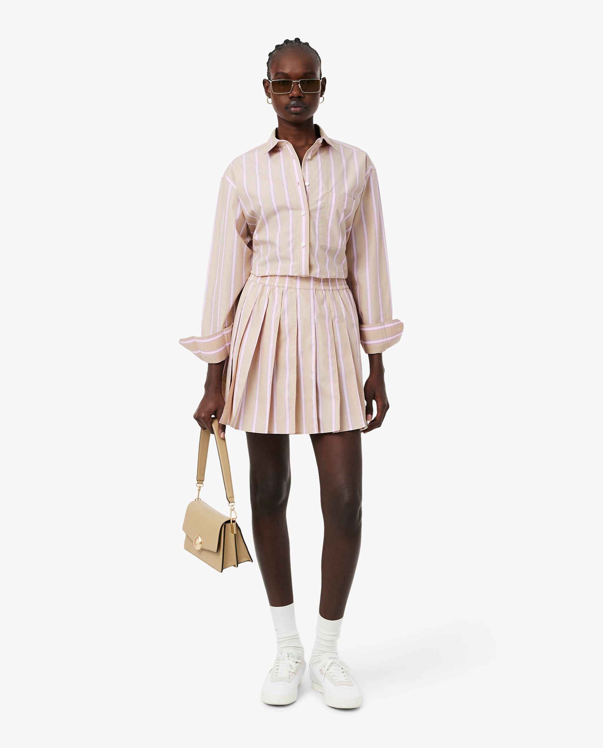 Falda corta plisada de popelín de rayas en marrón - Lacoste - Beige Beige-4