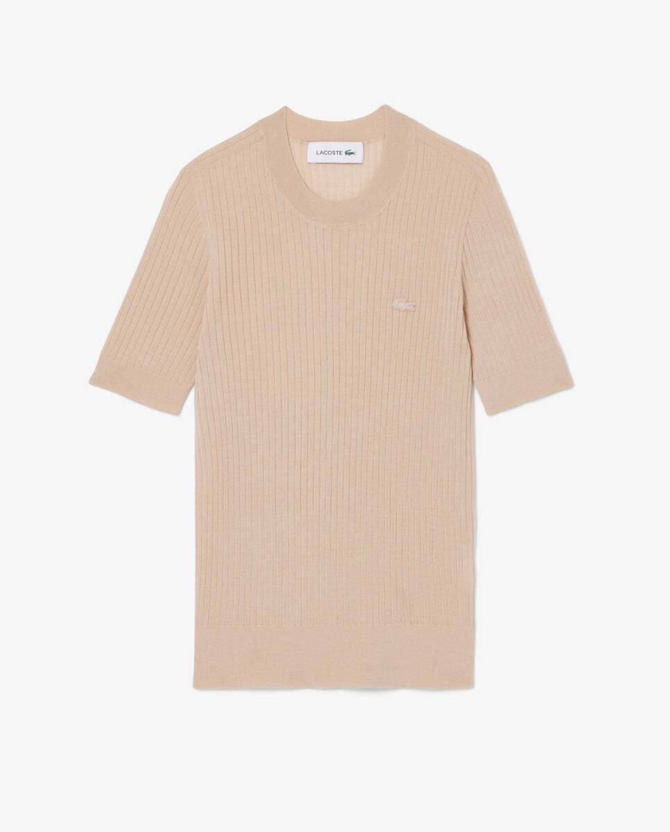 Jersey de manga corta de punto de canalé de lana merino - Lacoste - Beige Beige-5