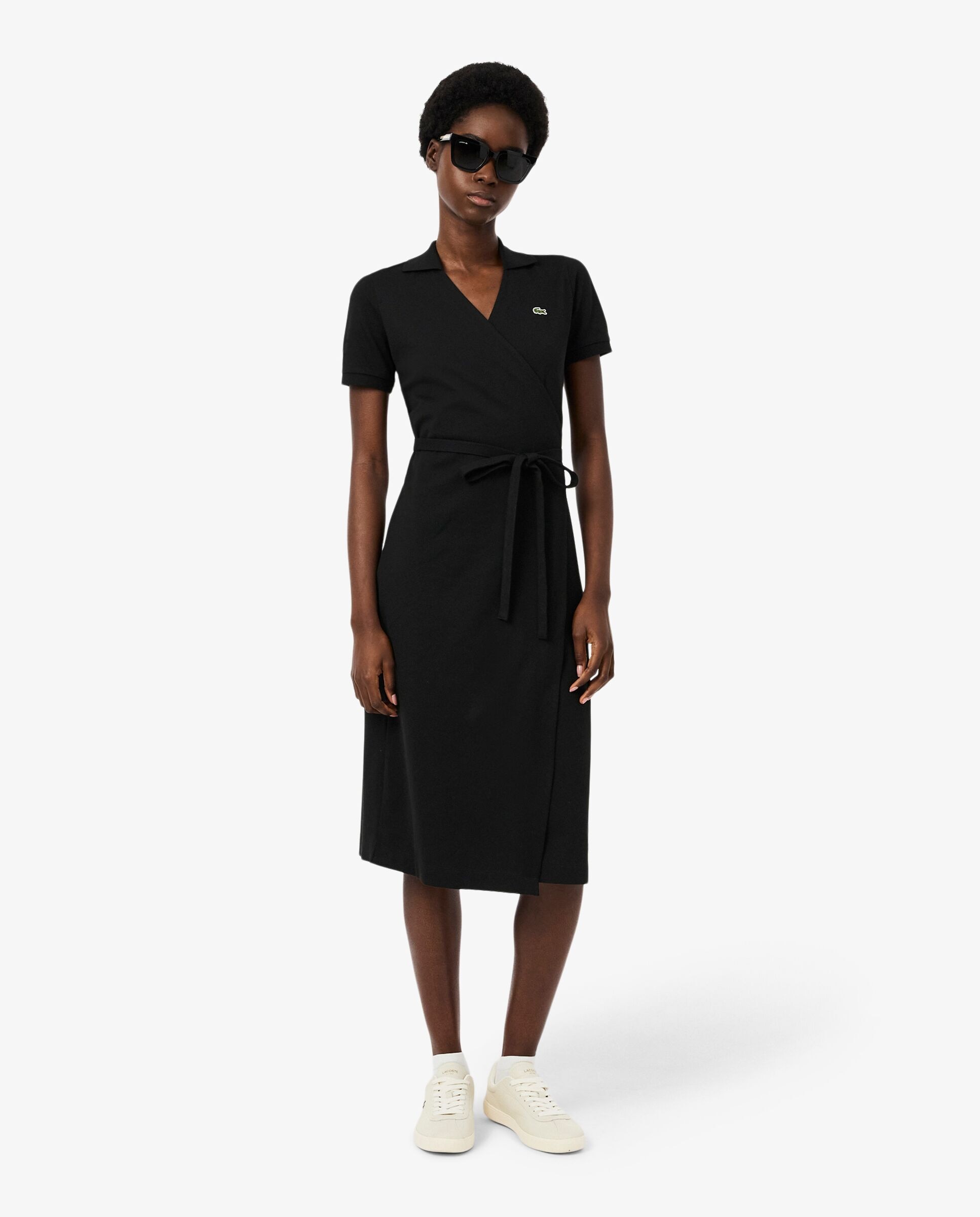 Vestido cruzado de minipiqué elástico de manga corta - Lacoste - Negro Negro-1