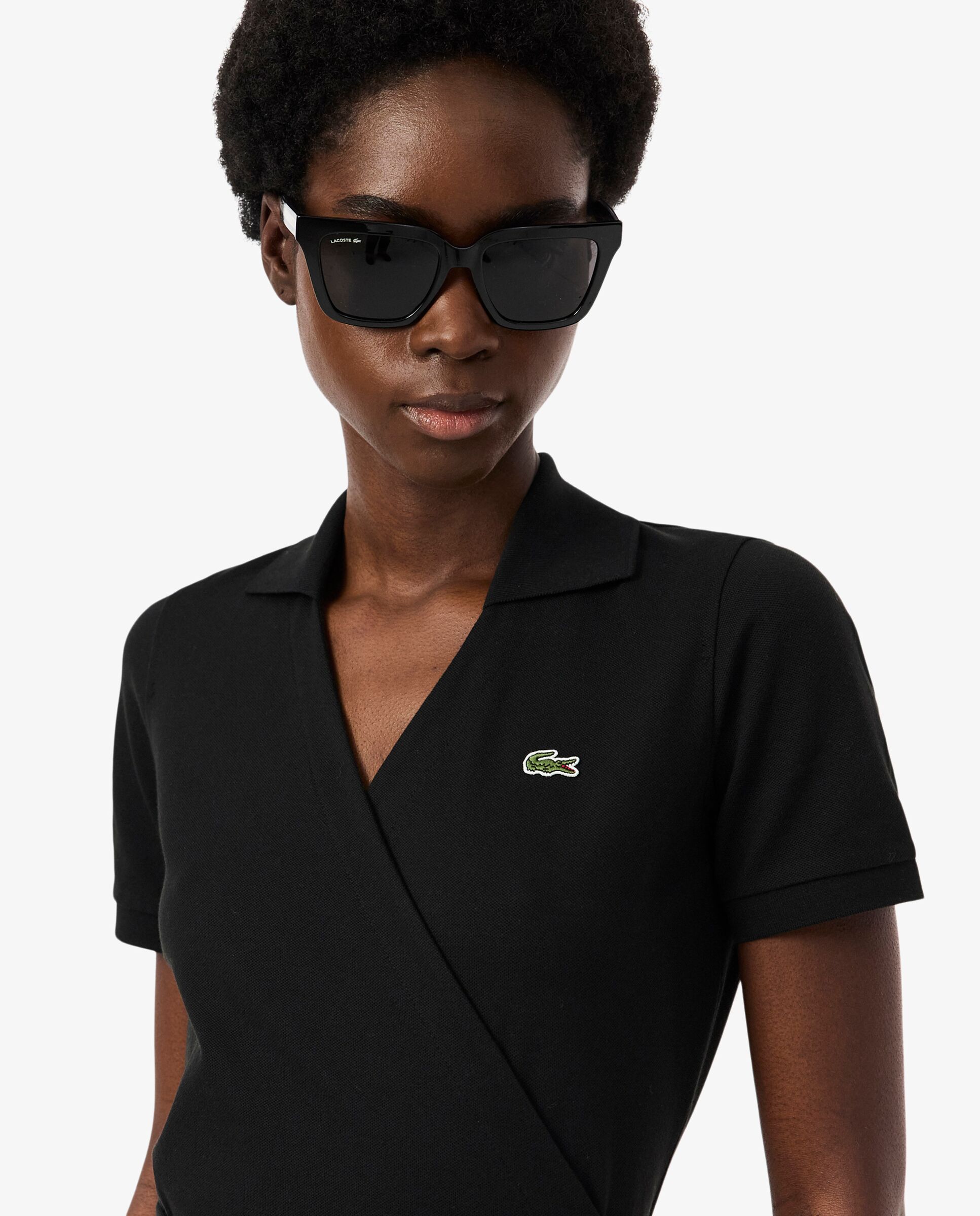 Vestido cruzado de minipiqué elástico de manga corta - Lacoste - Negro Negro-3