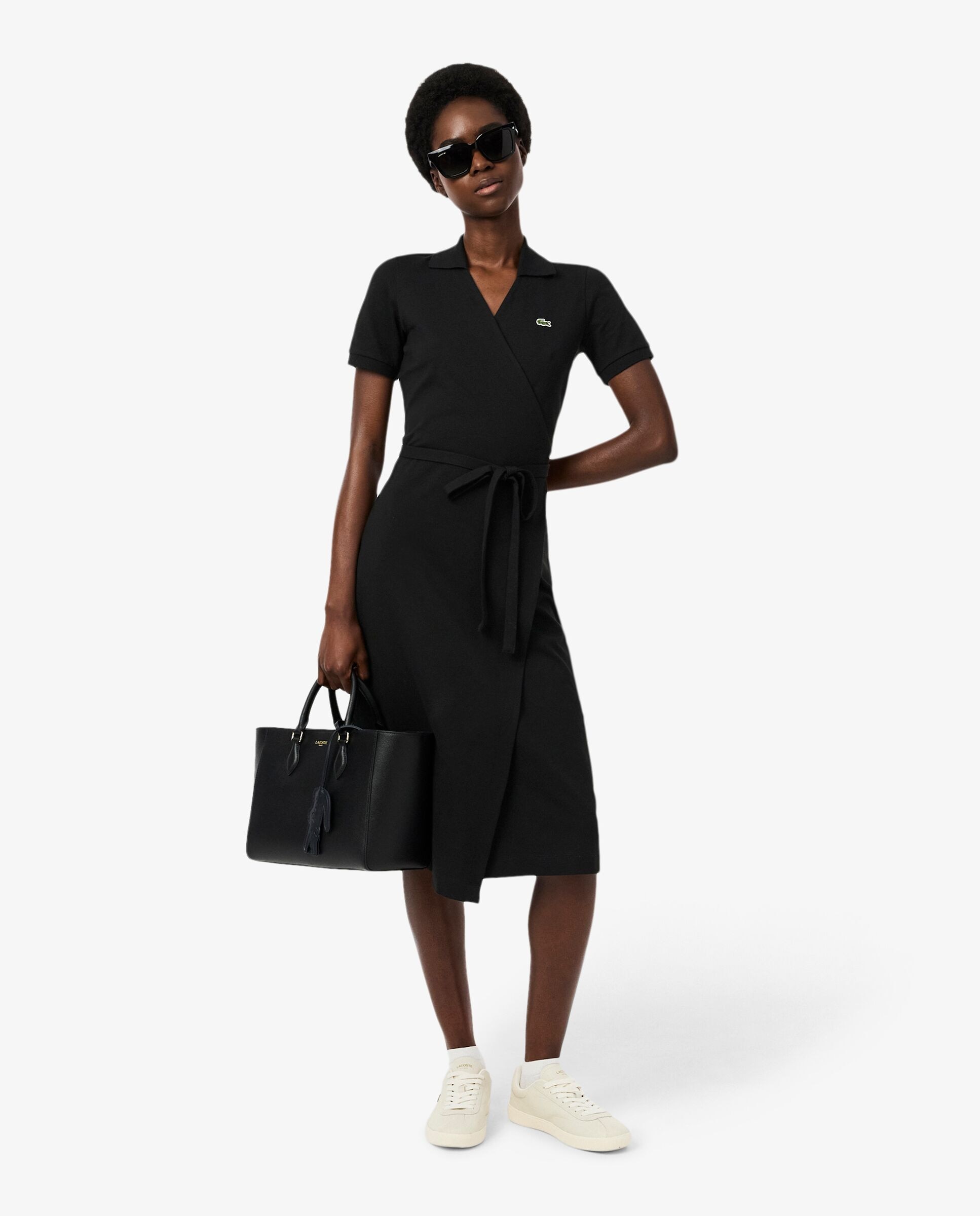 Vestido cruzado de minipiqué elástico de manga corta - Lacoste - Negro Negro-4