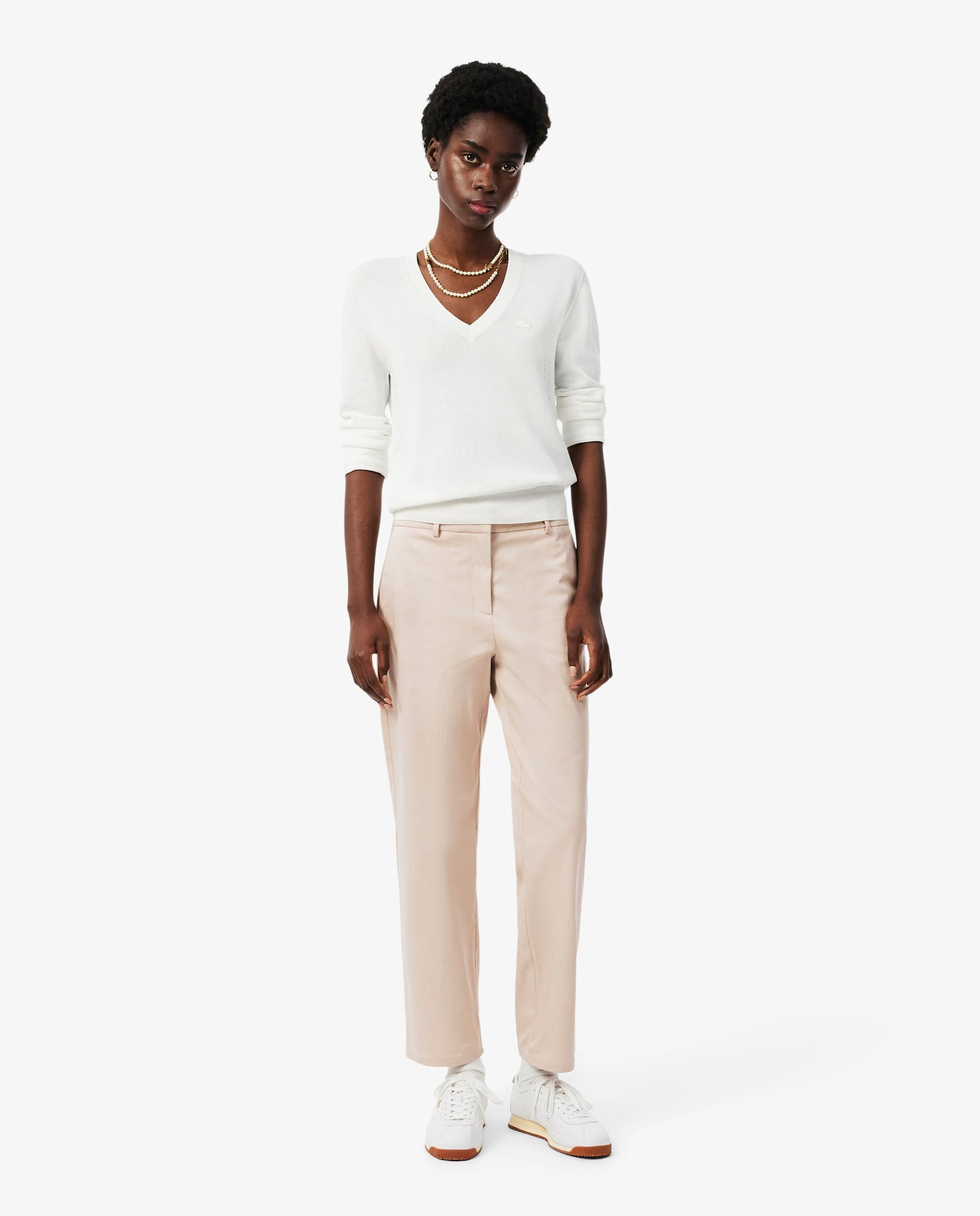 Pantalón de mujer chino de corte recto de tela gabardina de mujer de algodón en azul - Lacoste - Beige Beige-1