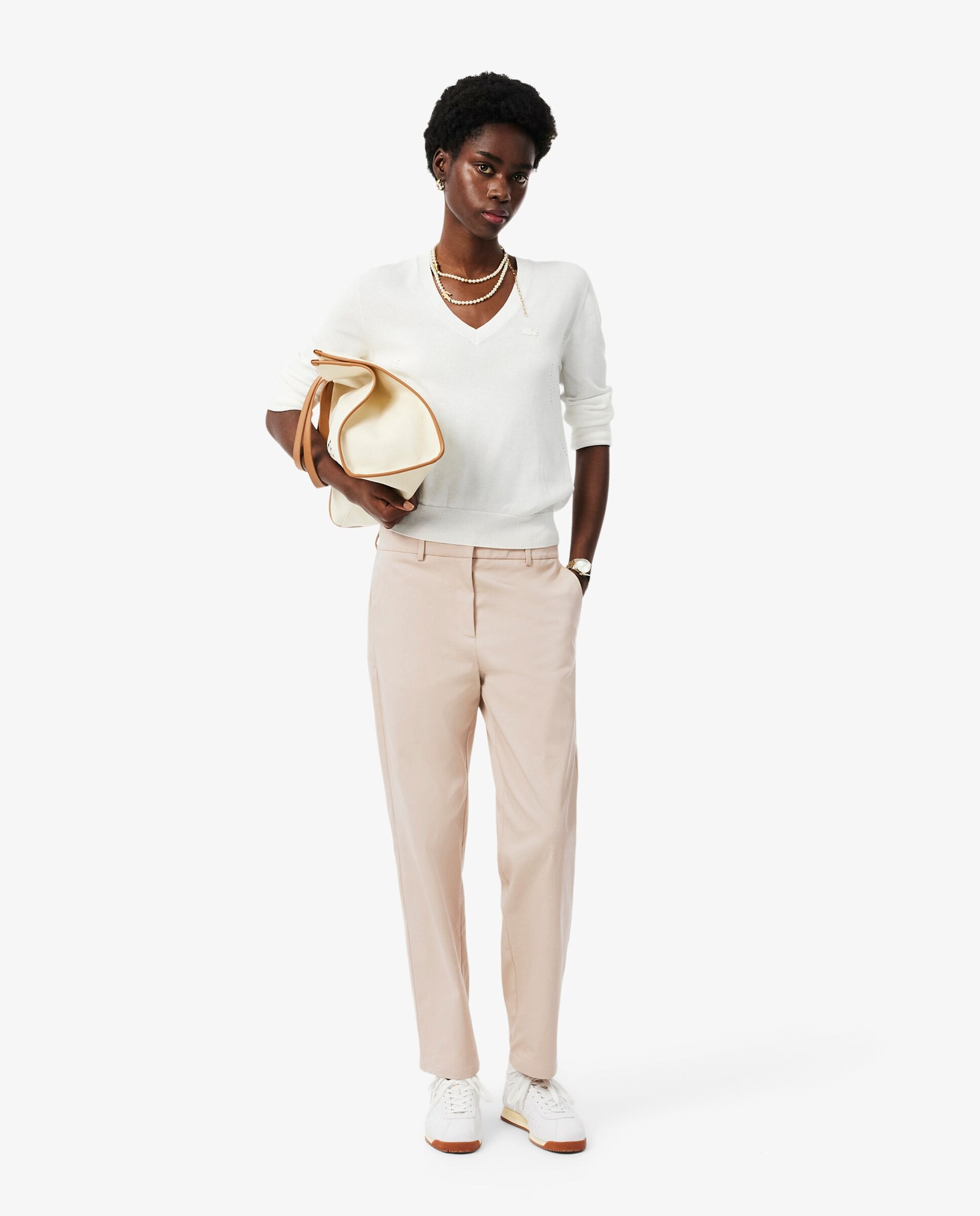 Pantalón de mujer chino de corte recto de tela gabardina de mujer de algodón en azul - Lacoste - Beige Beige-4