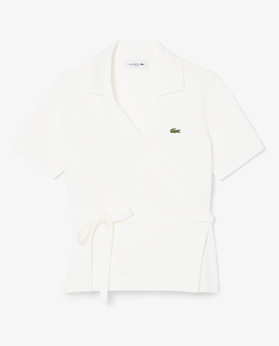 Polo de mujer cruzado de minipiqué elástico de manga corta - Lacoste - Negro Blanco-6