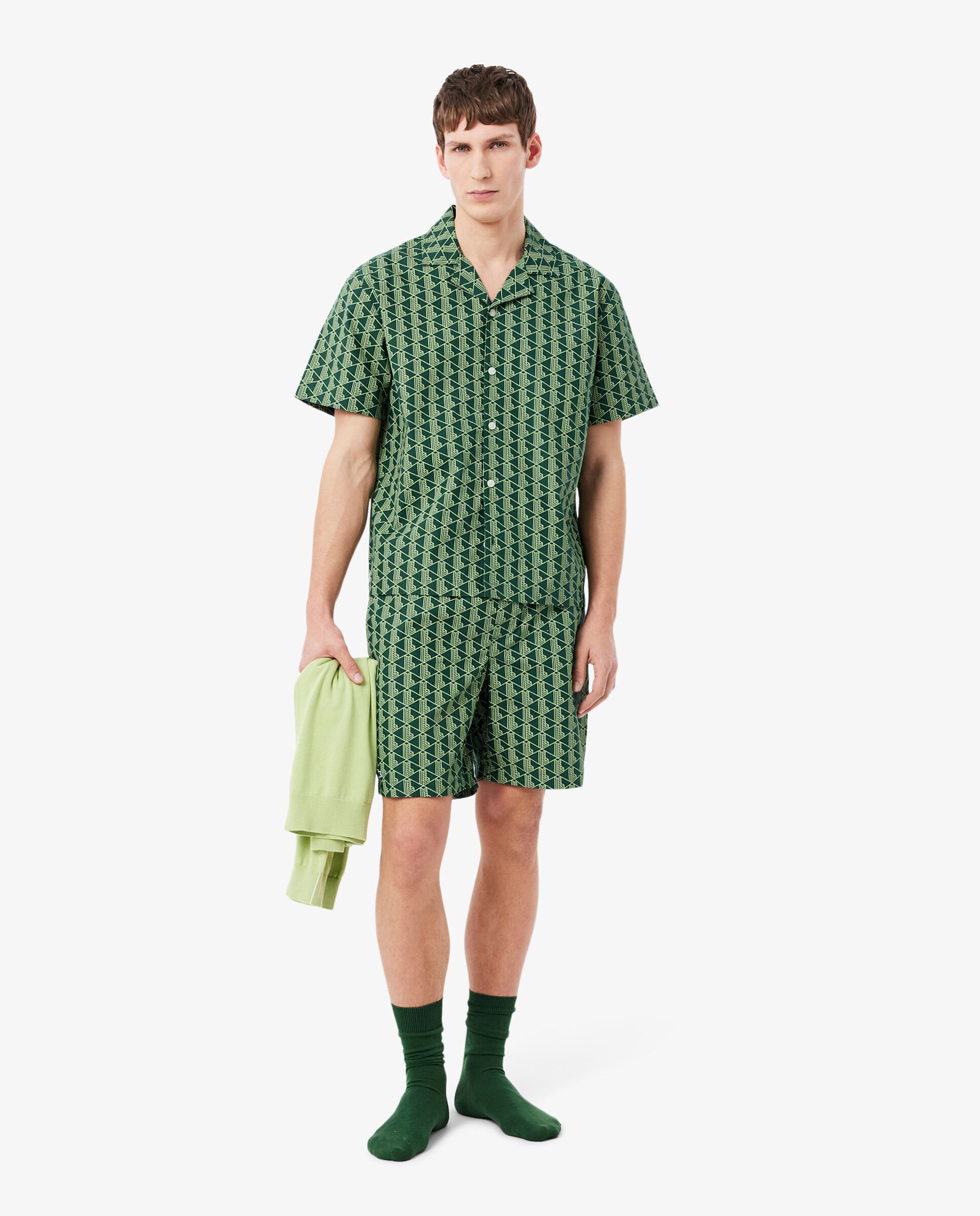 Camisa de hombre de pijama de popelín con estampado de monograma en verde de manga corta - Lacoste - Verde Verde-4