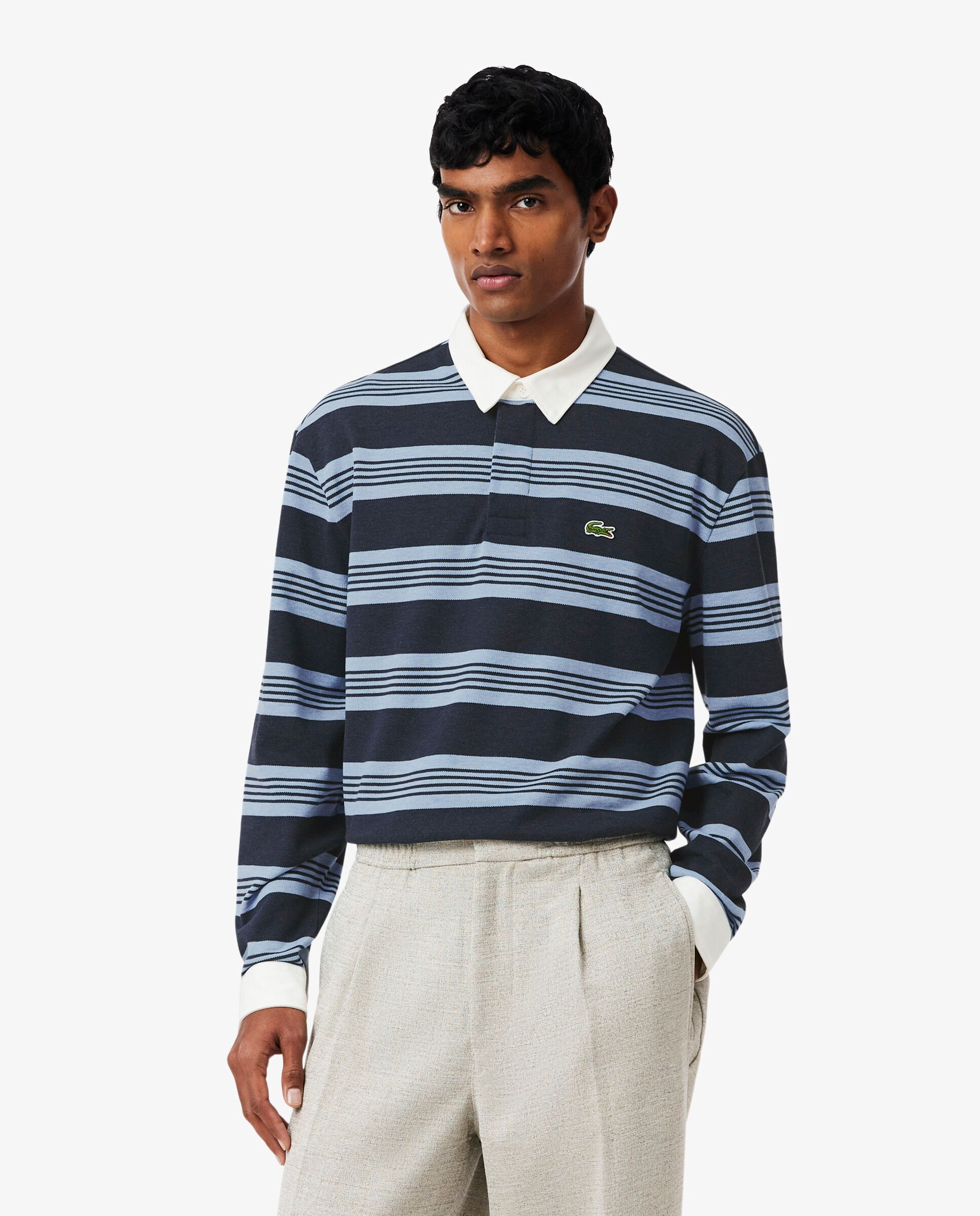 Lacoste - Jersey de hombre de rugby de piqué de rayas de corte holgado.