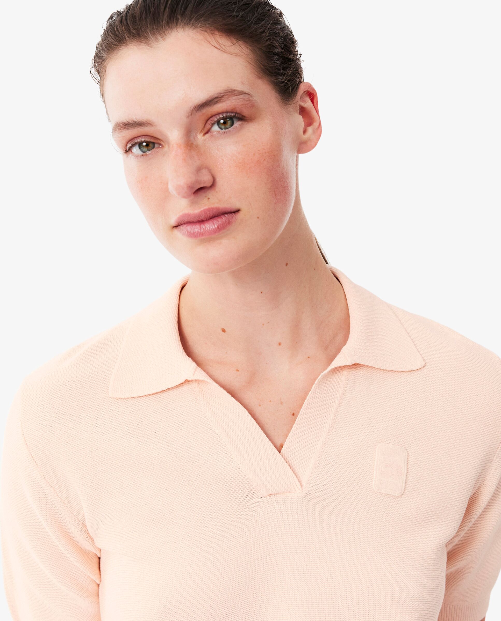 Polo de mujer de punto de cuello abierto con insignia y corte regular en azul de manga corta - Lacoste - Rosa Rosa-3
