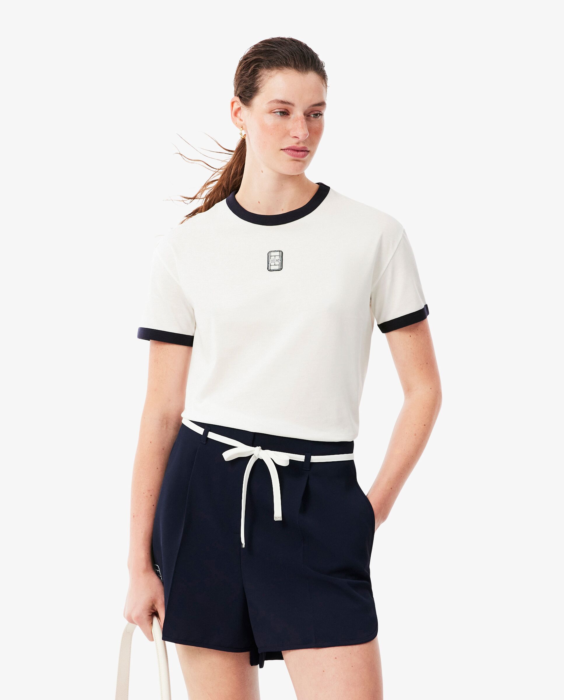 Camiseta de mujer de punto con insignia bordada en blanco de manga corta - Lacoste - Azul marino Azul marino-1