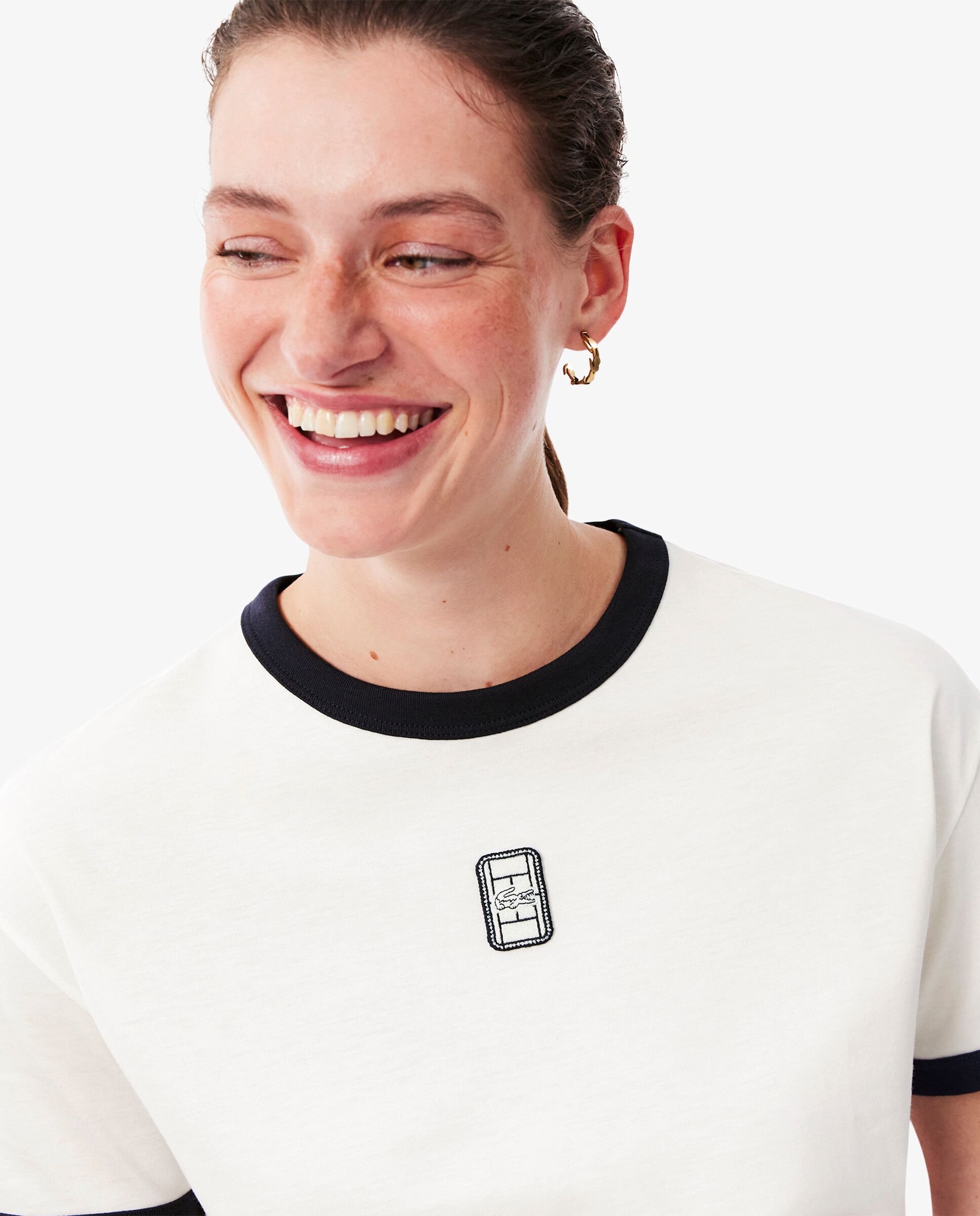 Camiseta de mujer de punto con insignia bordada en blanco de manga corta - Lacoste - Azul marino Azul marino-3