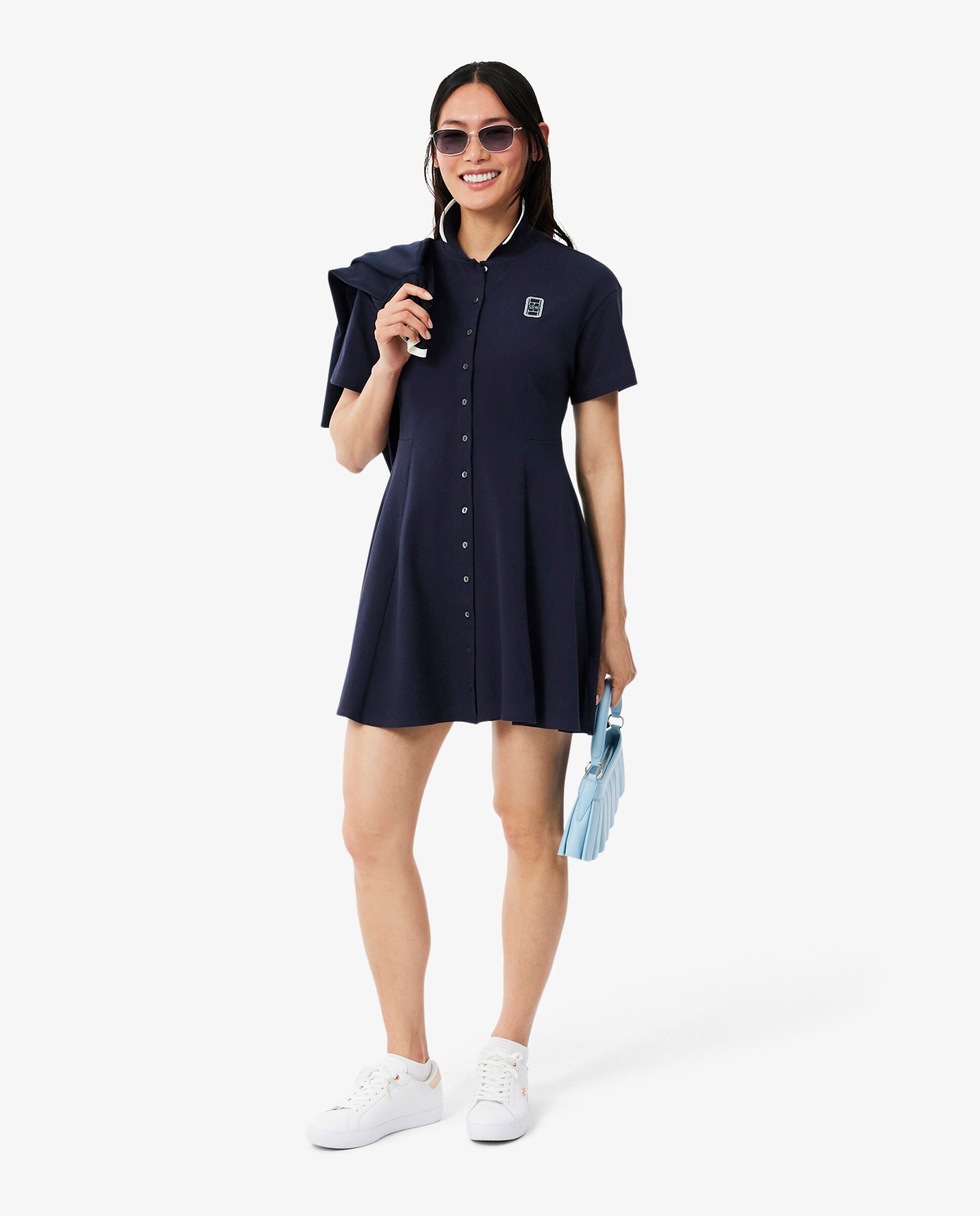 Vestido de petit piqué de vuelo con insignia en azul de manga corta - Lacoste - Azul marino Azul marino-4