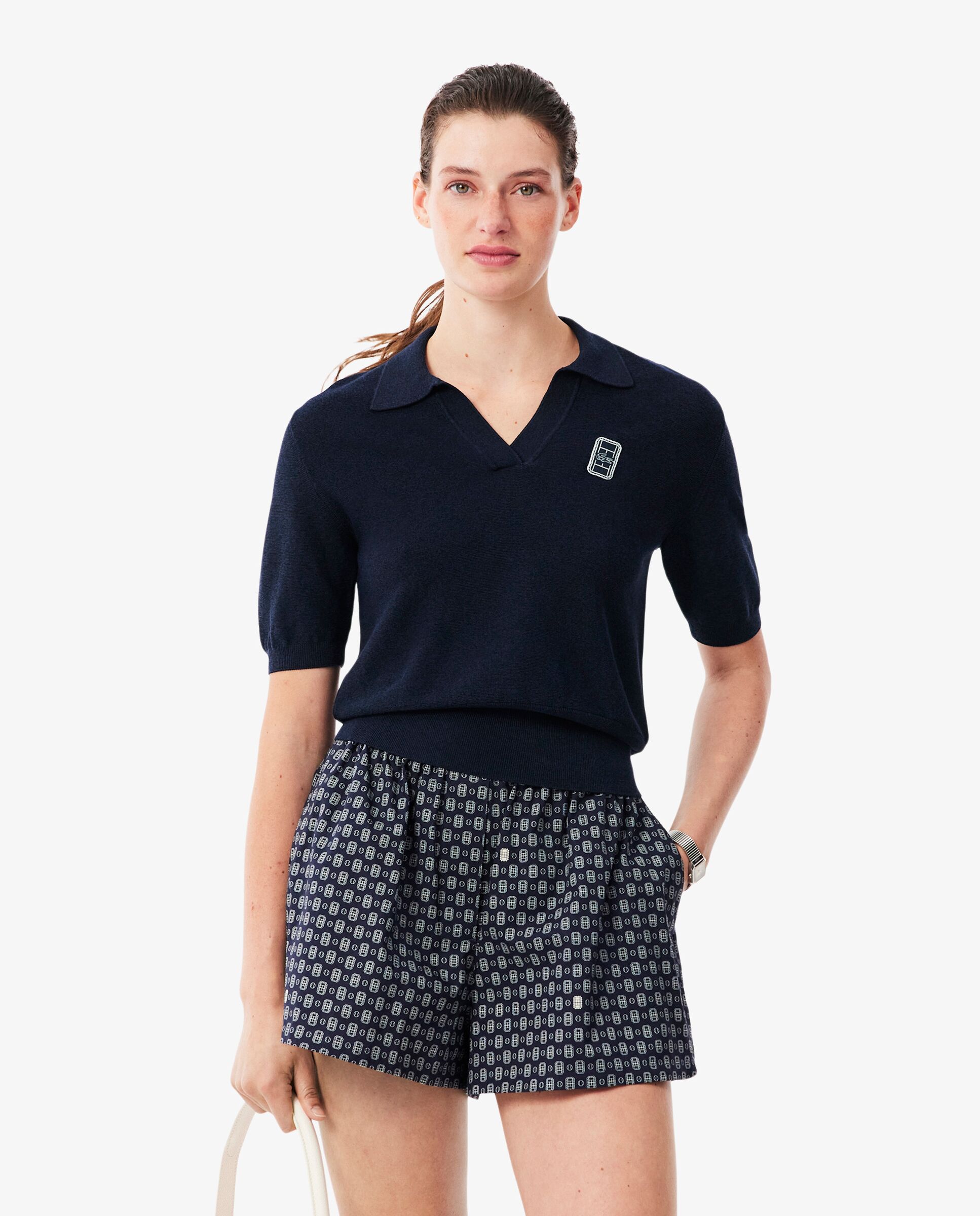 Polo de mujer de punto de cuello abierto con insignia y corte regular en azul de manga corta - Lacoste - Azul marino Azul marino-1