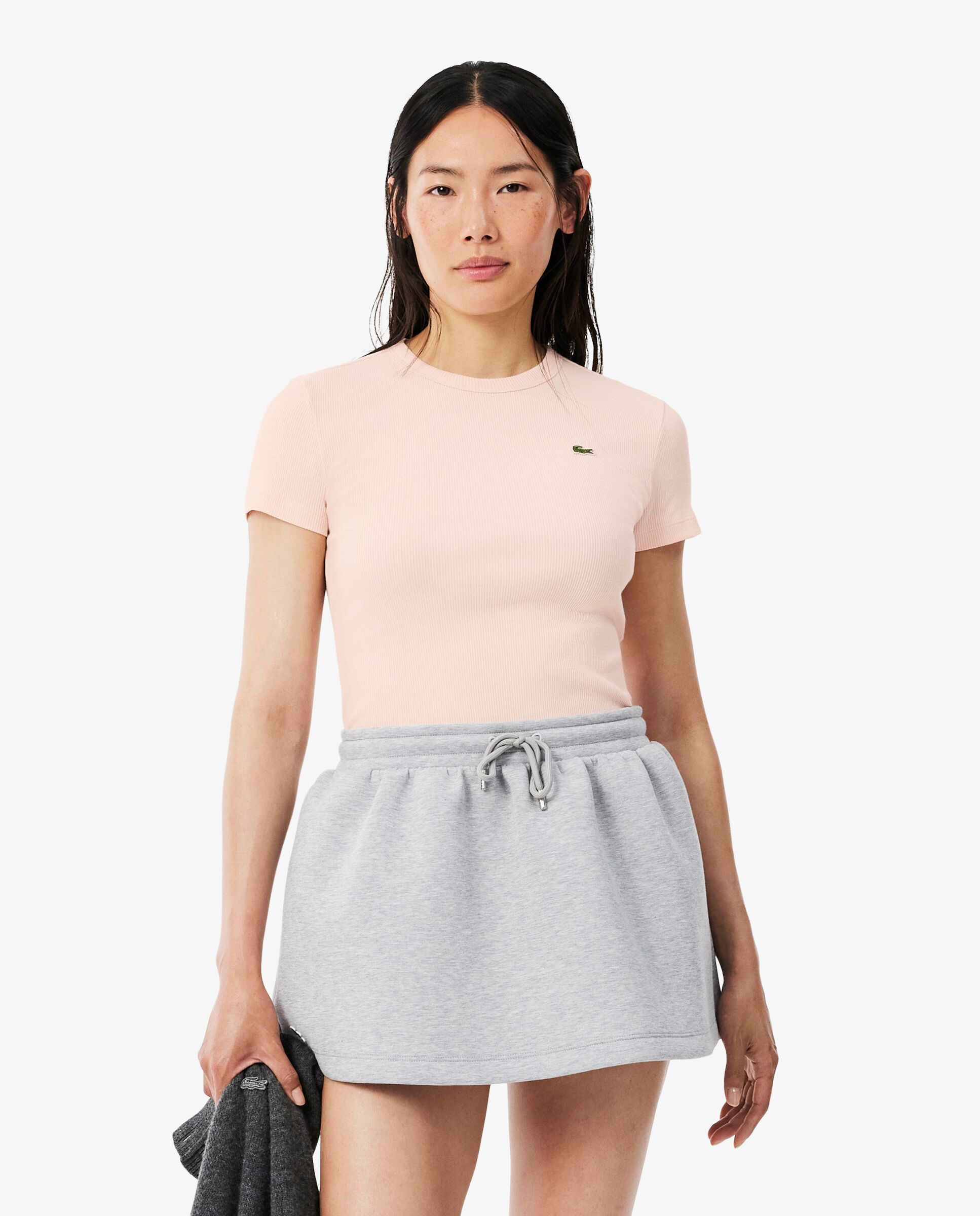 Camiseta de mujer de canalé de algodón de corte ajustado de manga corta - Lacoste - Rosa Rosa-1