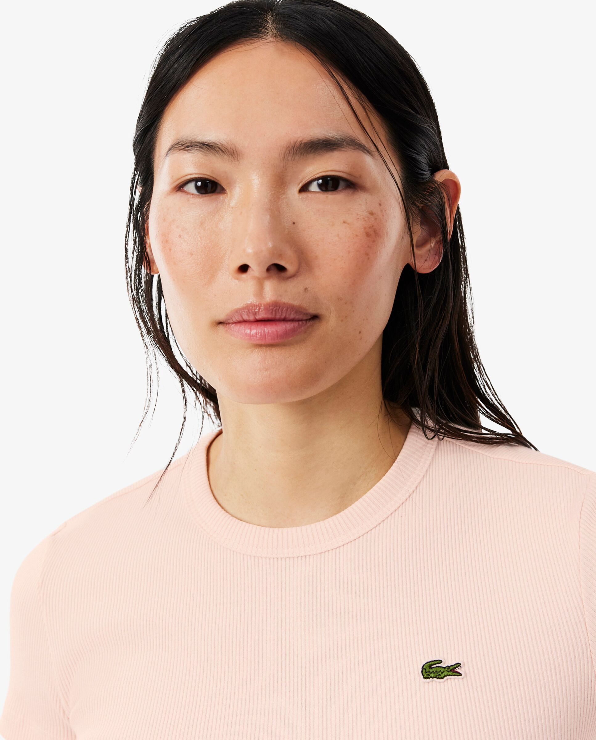 Camiseta de mujer de canalé de algodón de corte ajustado de manga corta - Lacoste - Rosa Rosa-3