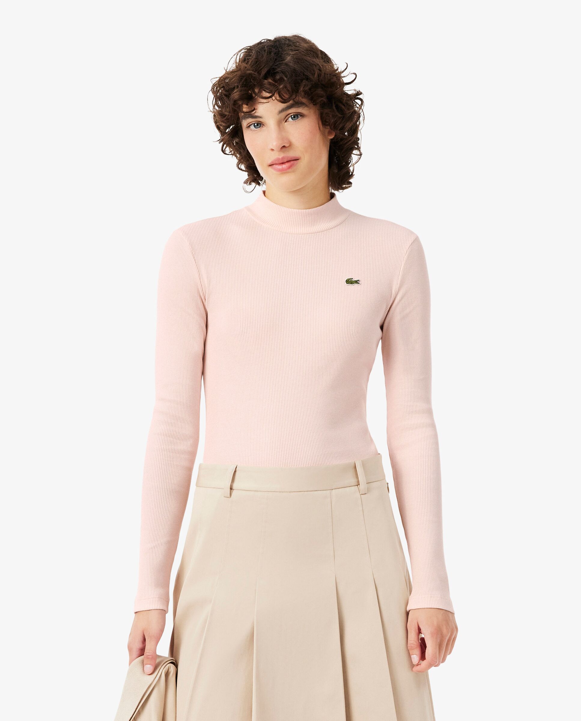 Camiseta de mujer de manga larga y cuello alto de corte ajustado en - Lacoste - Rosa Rosa-1