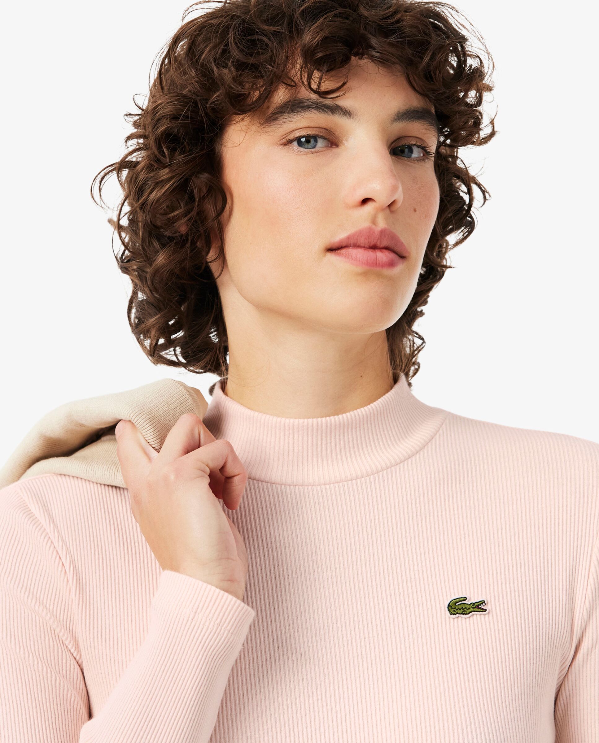 Camiseta de mujer de manga larga y cuello alto de corte ajustado en - Lacoste - Rosa Rosa-3