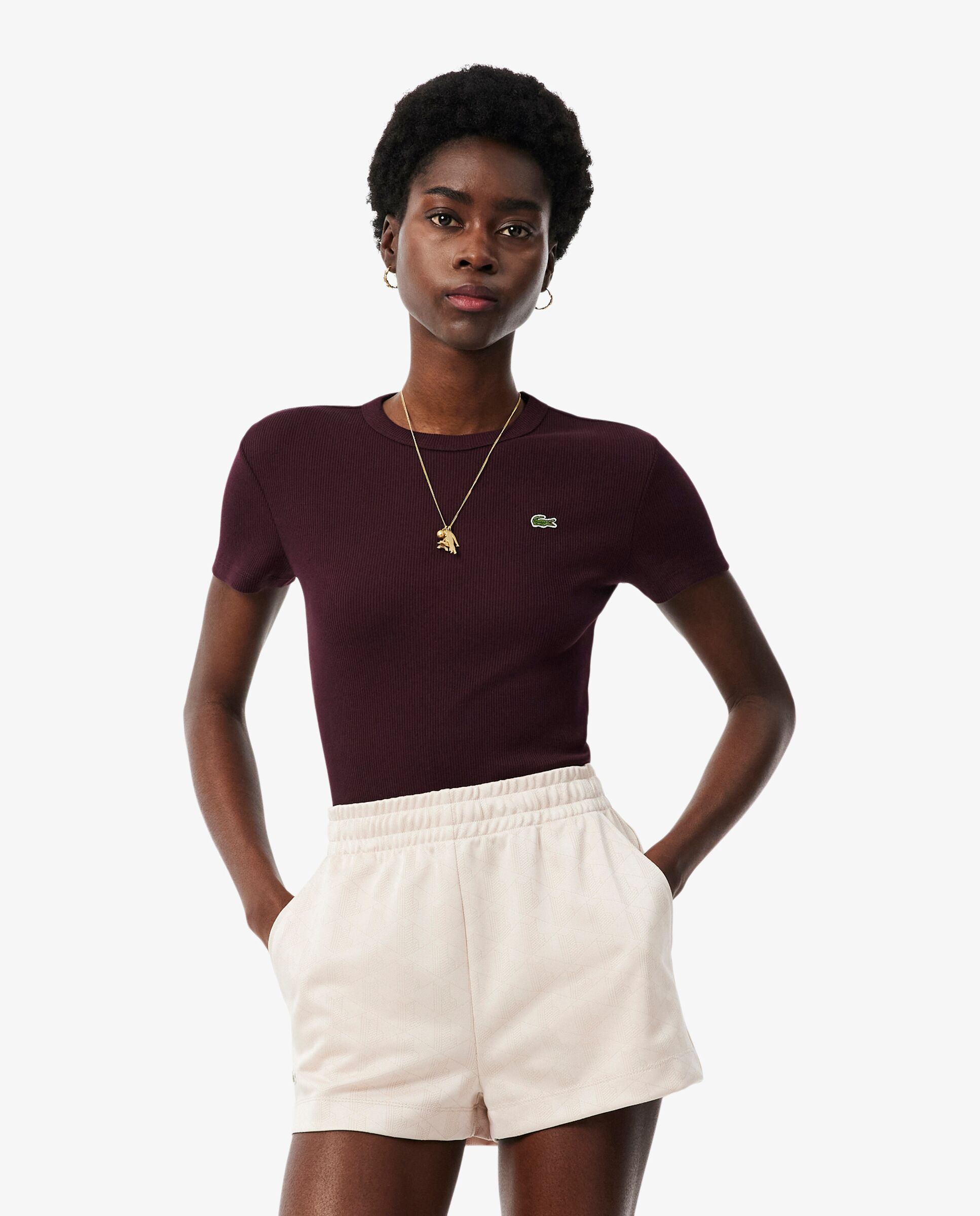 Camiseta de mujer de canalé de algodón de corte ajustado de manga corta - Lacoste - Marrón Marrón-1